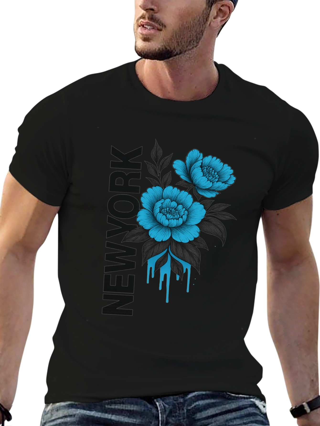 Floral New York Print Black T-Shirt