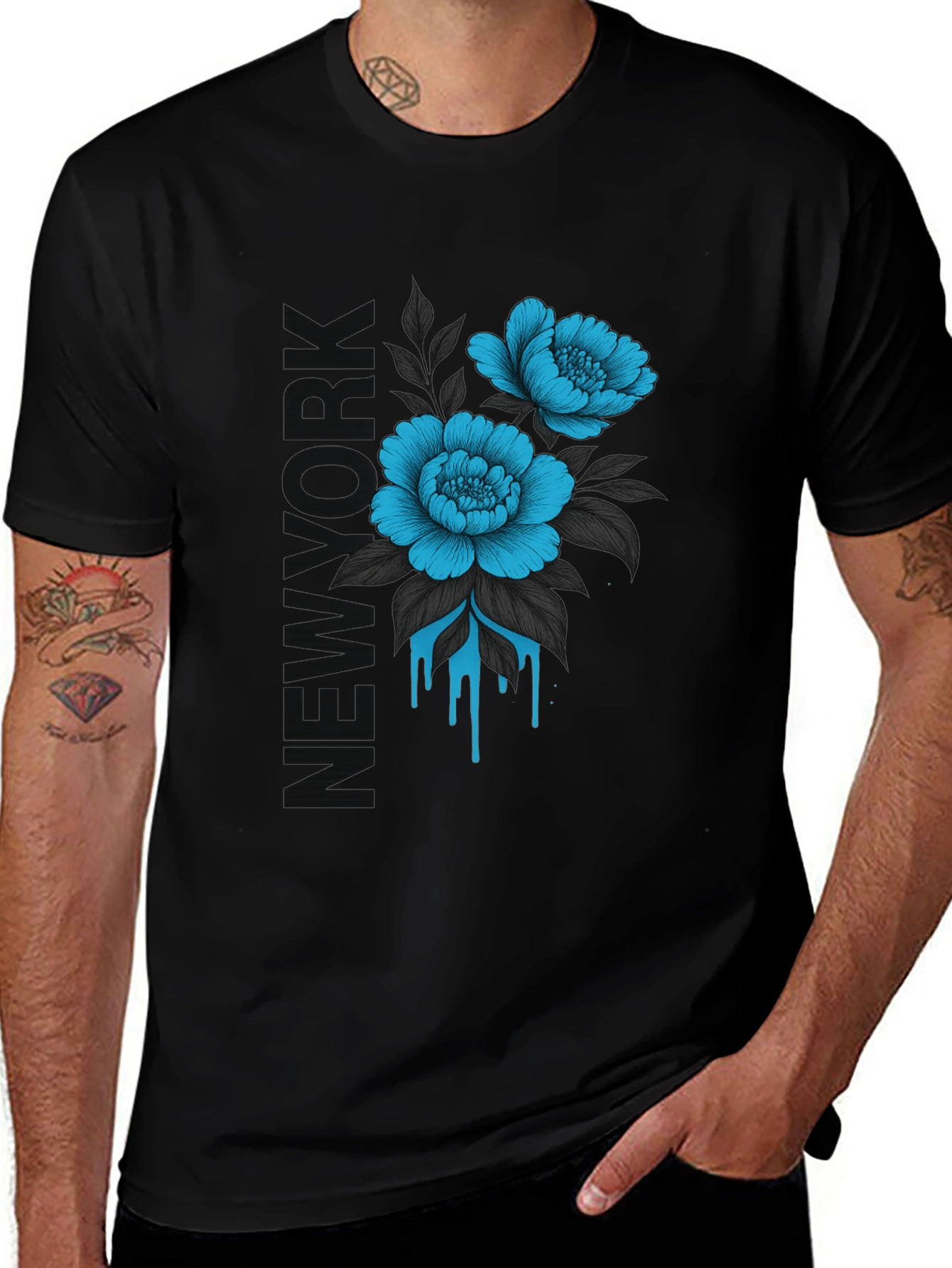 Floral New York Print Black T-Shirt