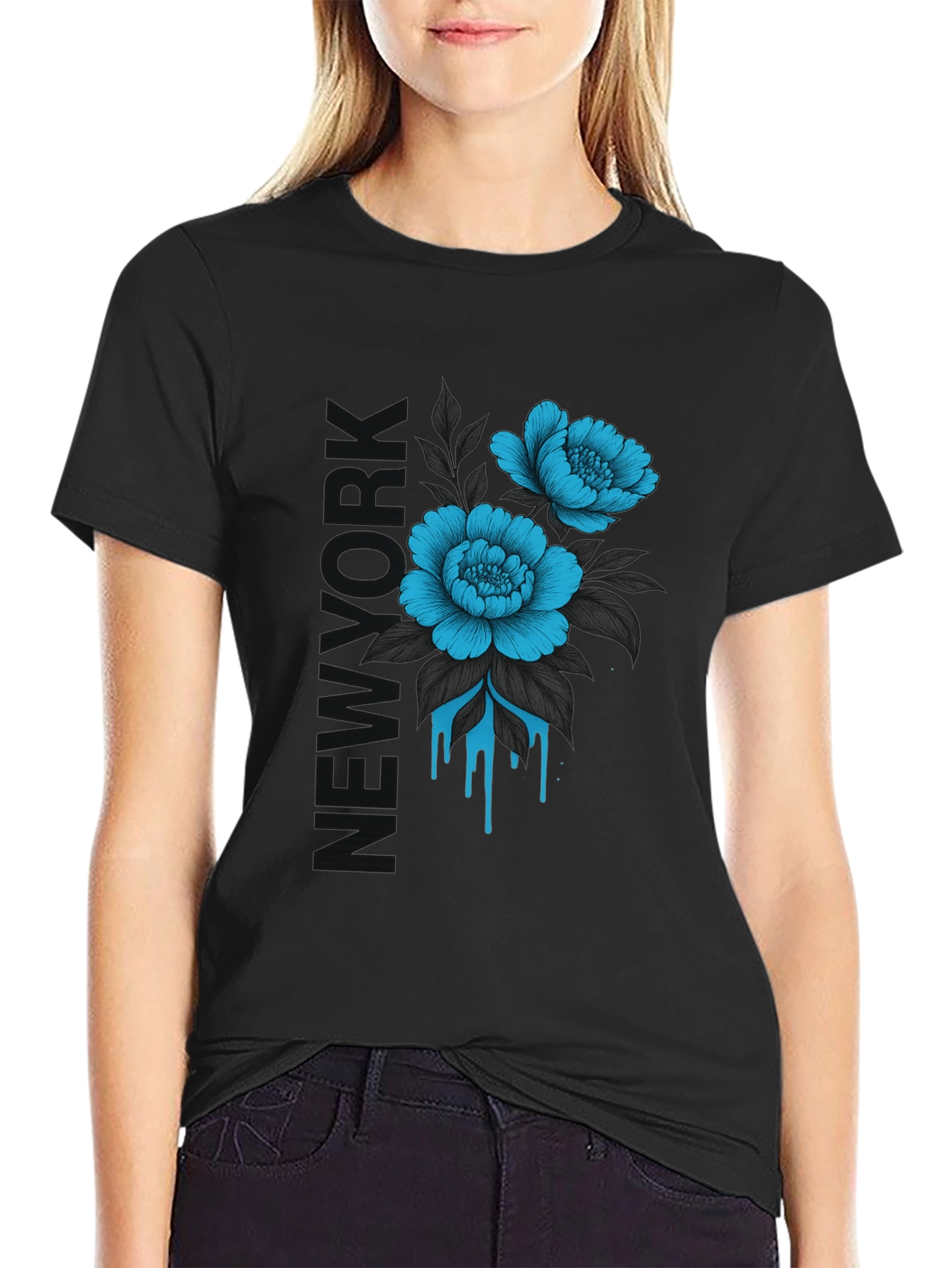 Floral New York Print Black T-Shirt