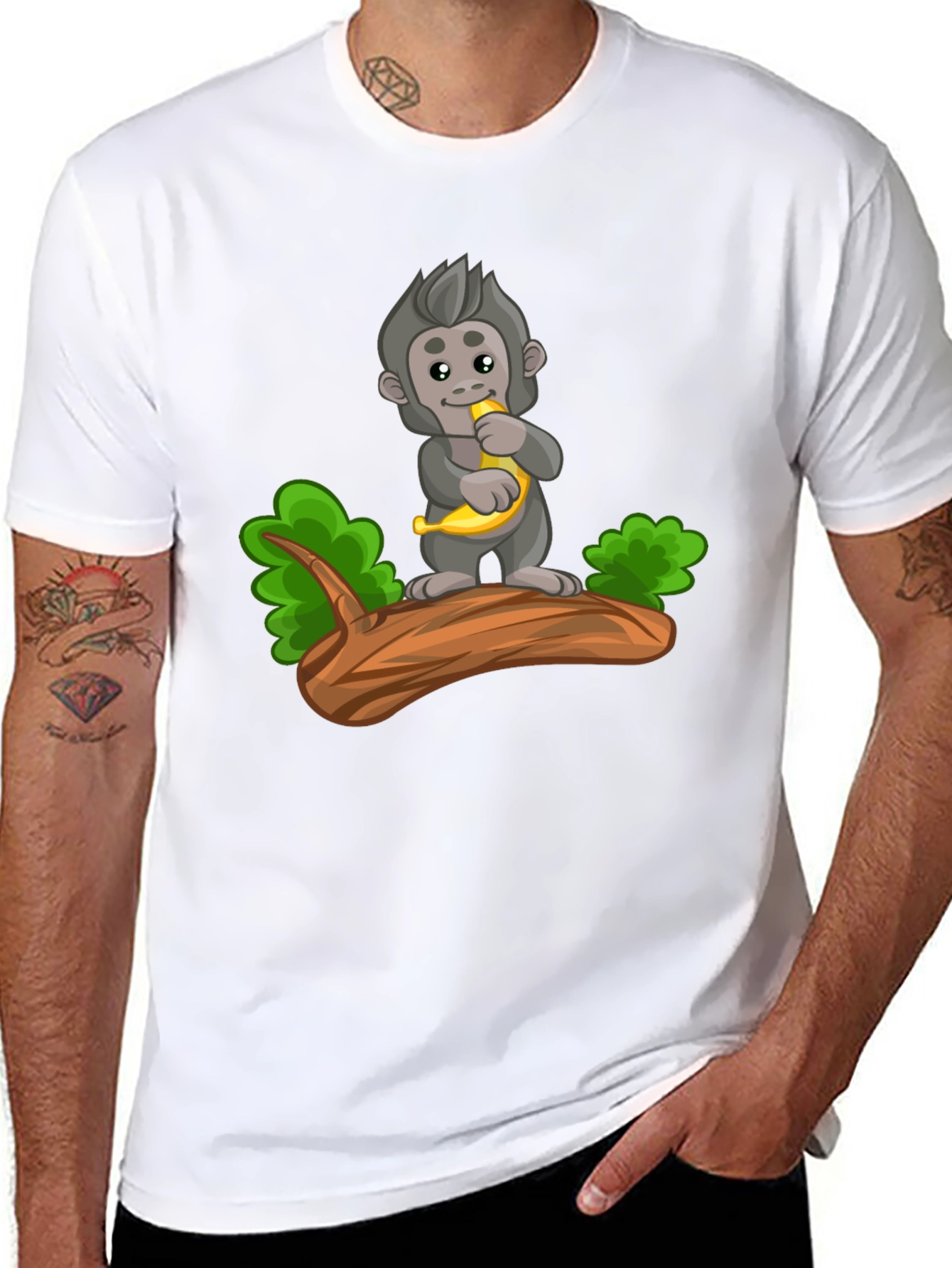 Monkey Banana Cartoon Black T-Shirt