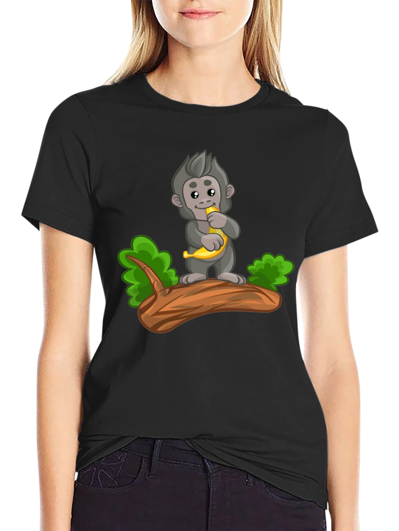 Monkey Banana Cartoon Black T-Shirt