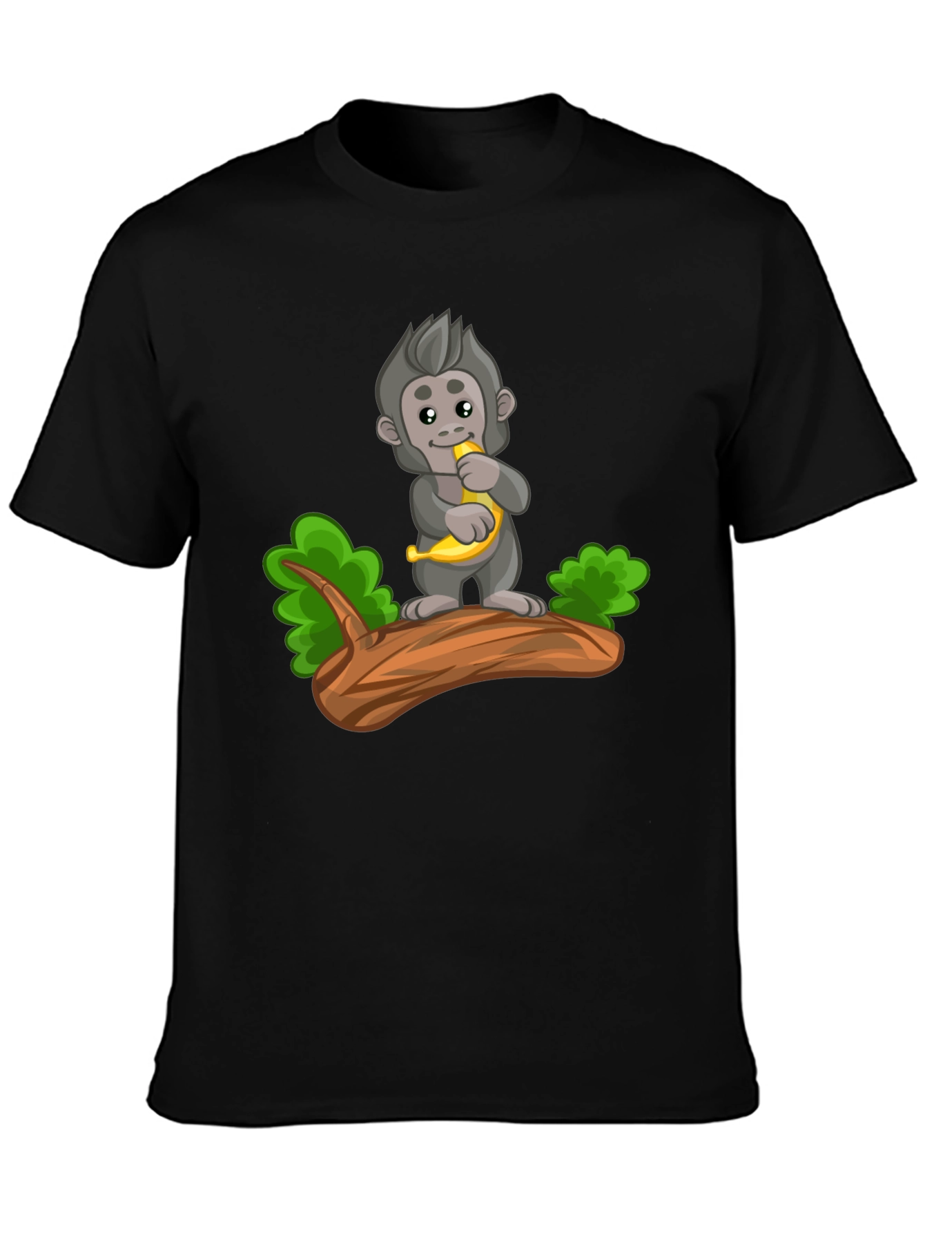 Monkey Banana Cartoon Black T-Shirt