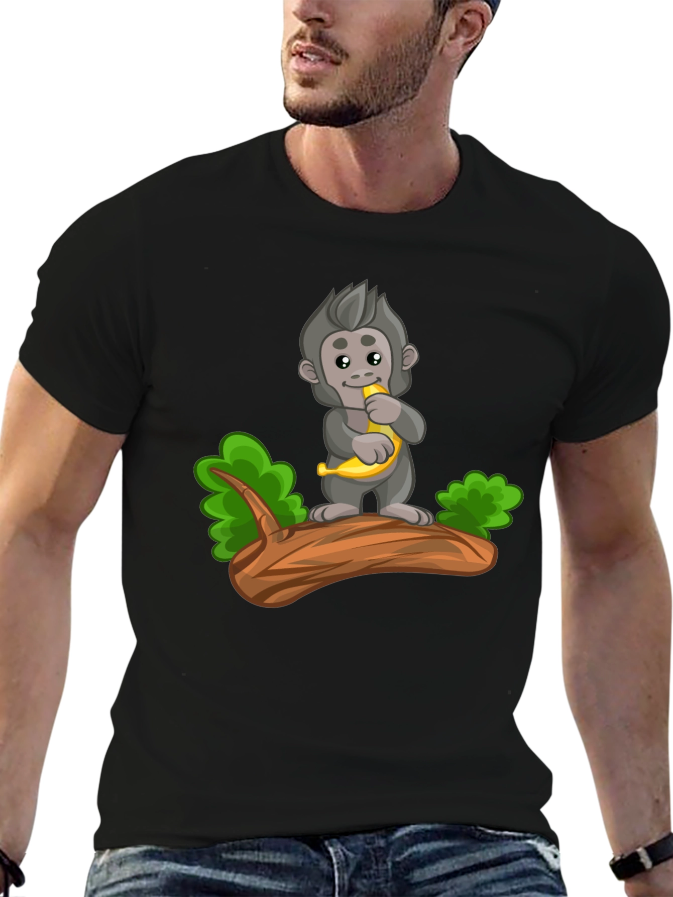 Monkey Banana Cartoon Black T-Shirt
