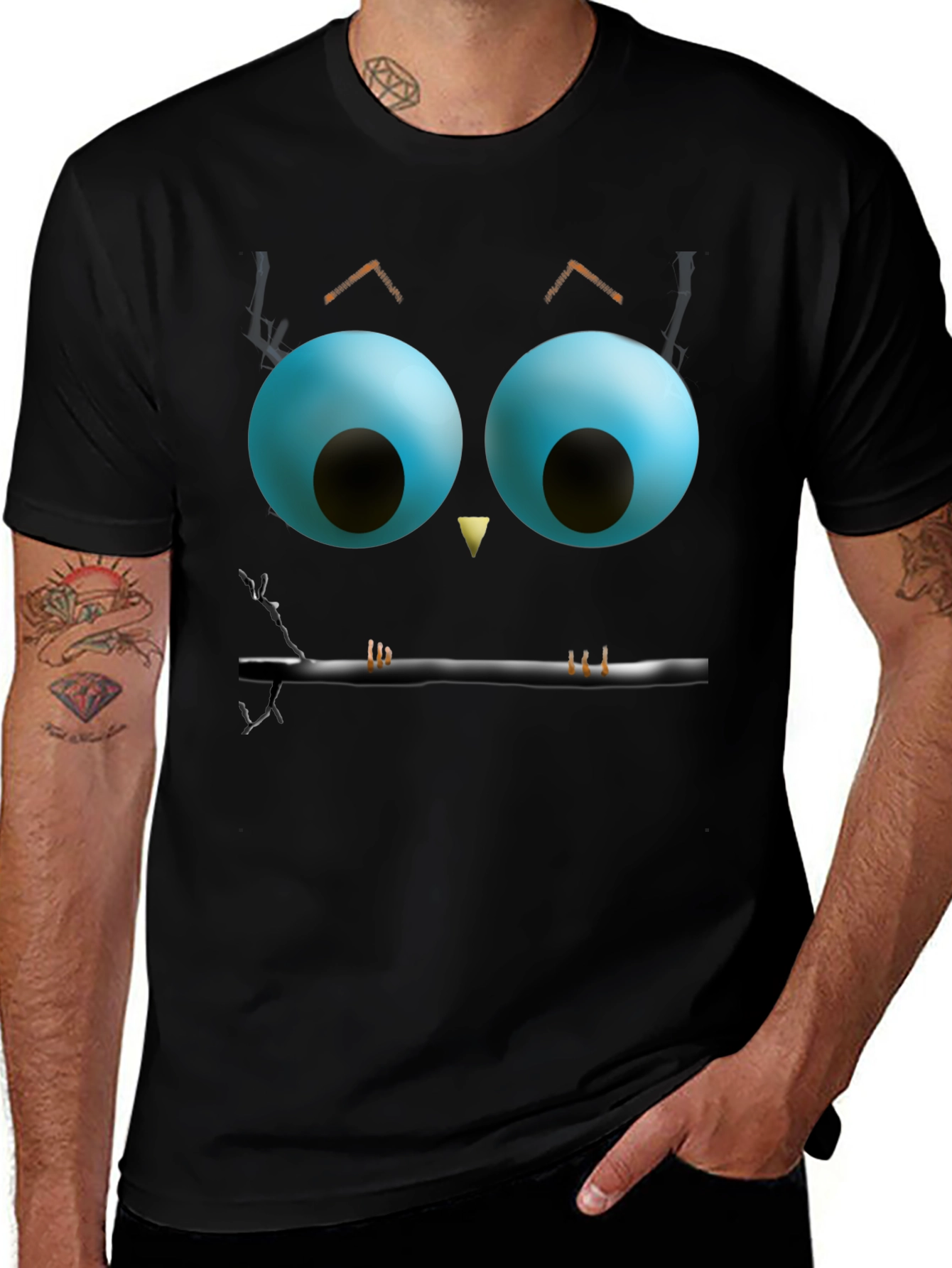 Whimsical Owl Face Graphic Tee - Black