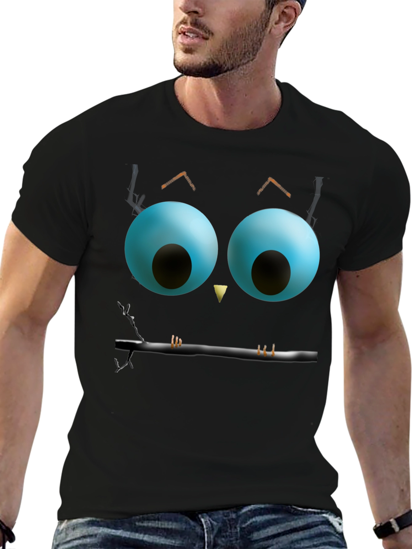 Whimsical Owl Face Graphic Tee - Black