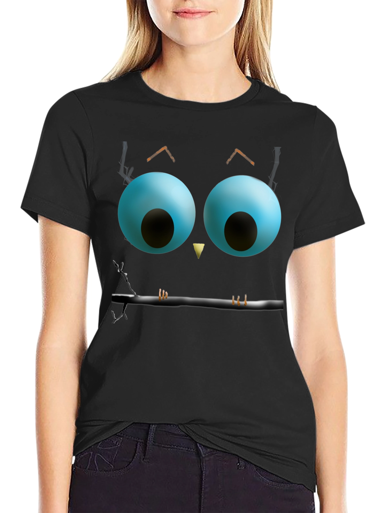 Whimsical Owl Face Graphic Tee - Black