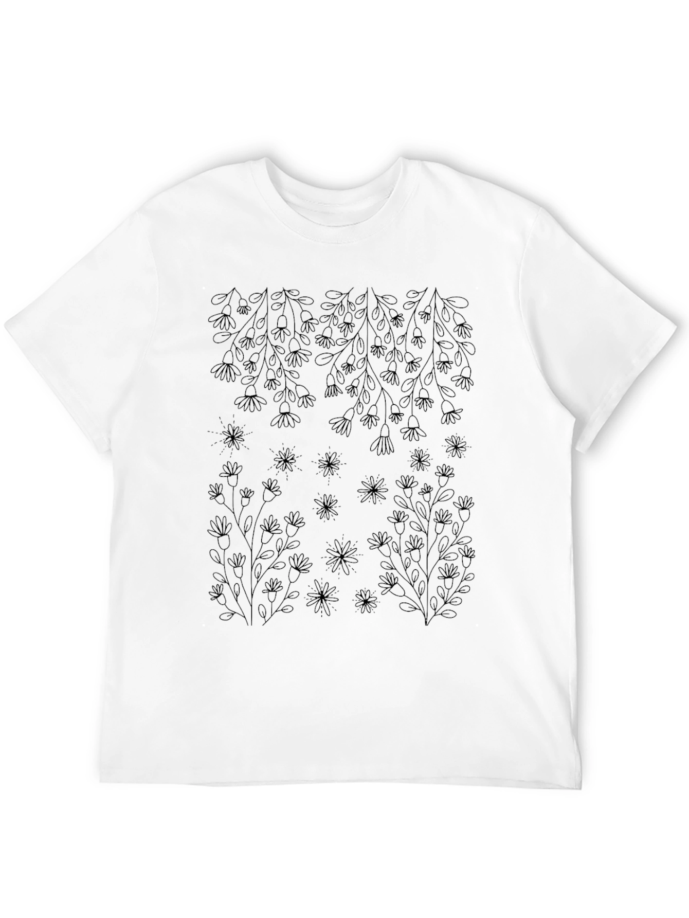 Floral Outline Black T-Shirt - Botanical Style