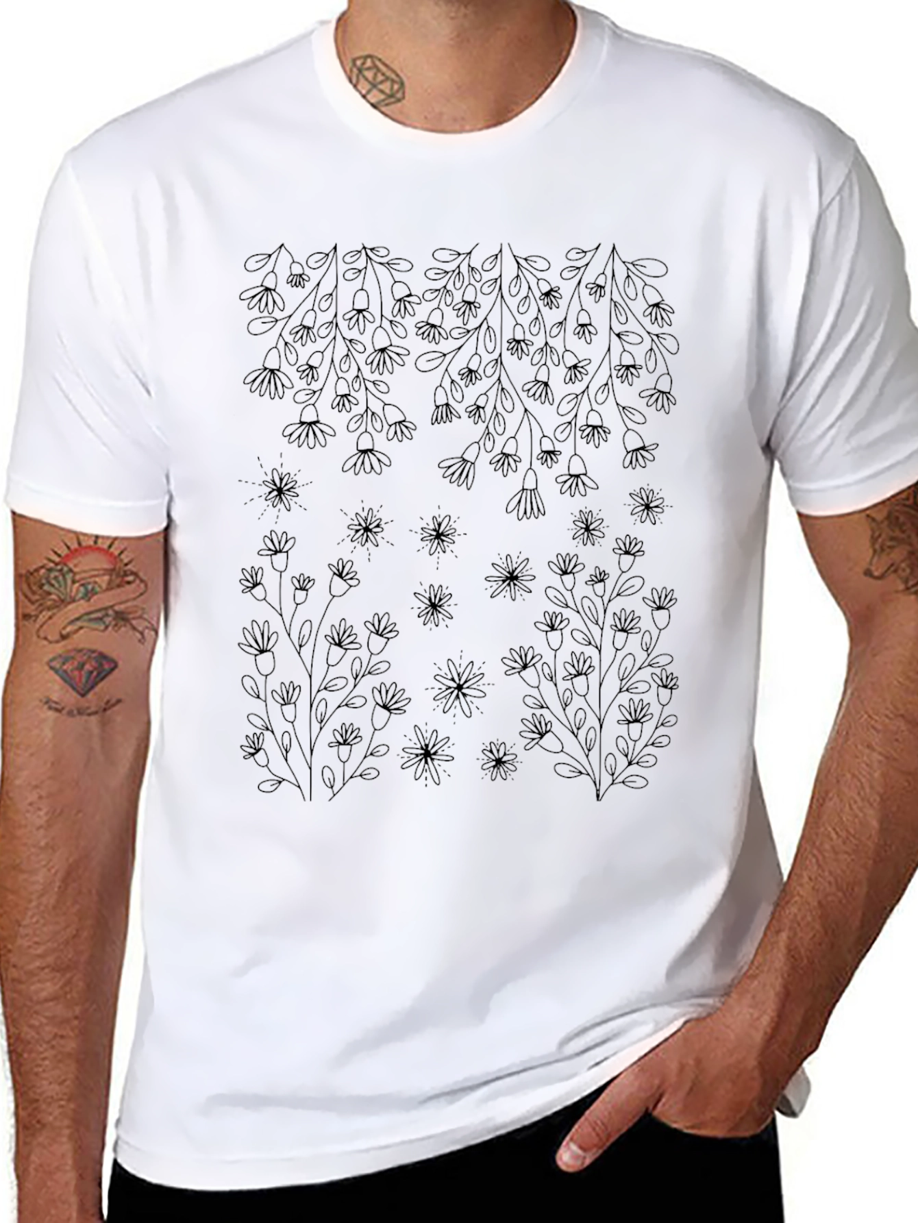 Floral Outline Black T-Shirt - Botanical Style
