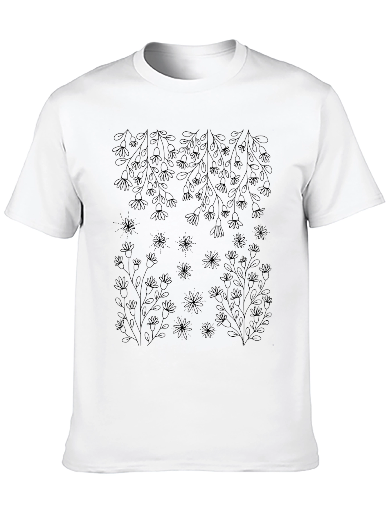 Floral Outline Black T-Shirt - Botanical Style