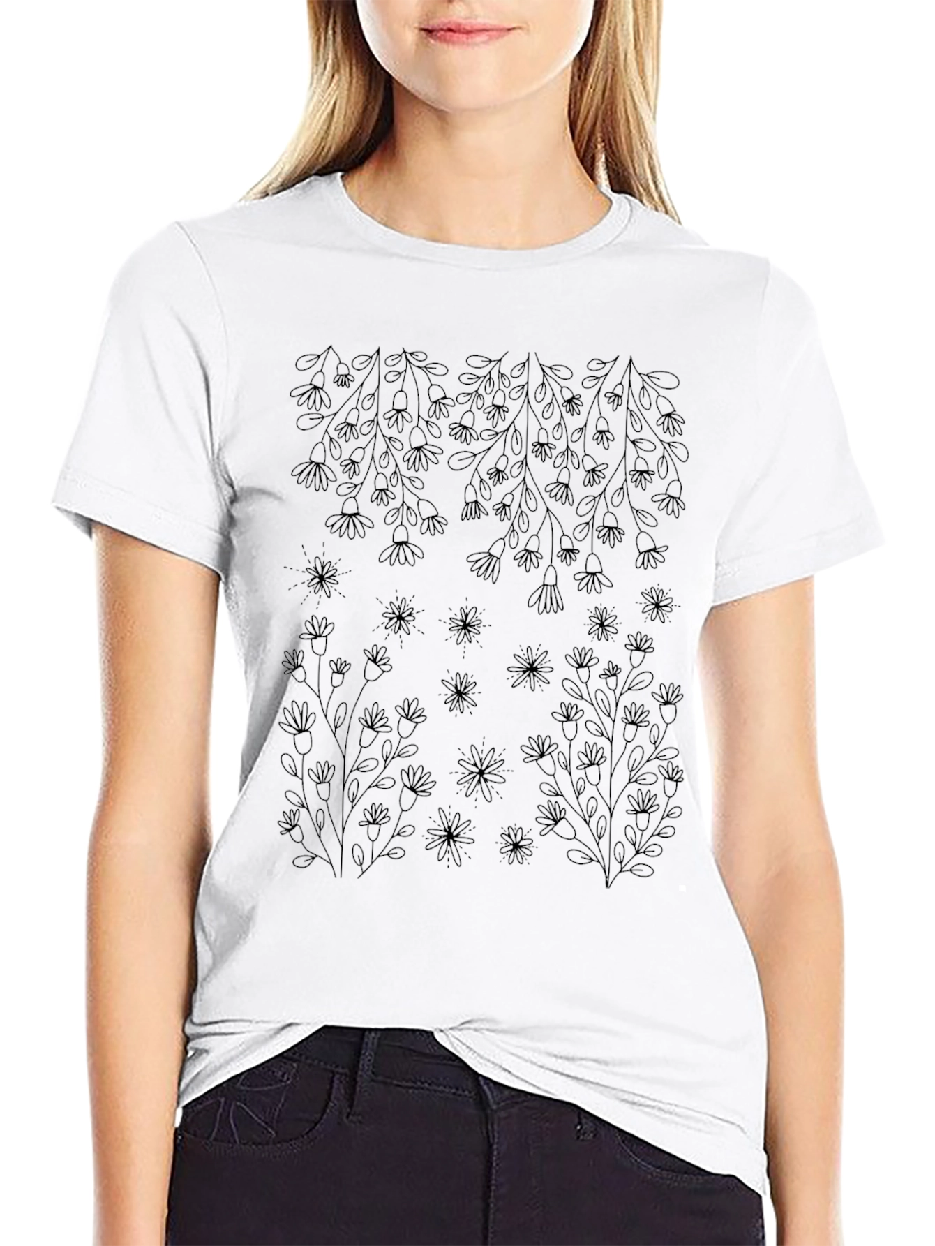 Floral Outline Black T-Shirt - Botanical Style