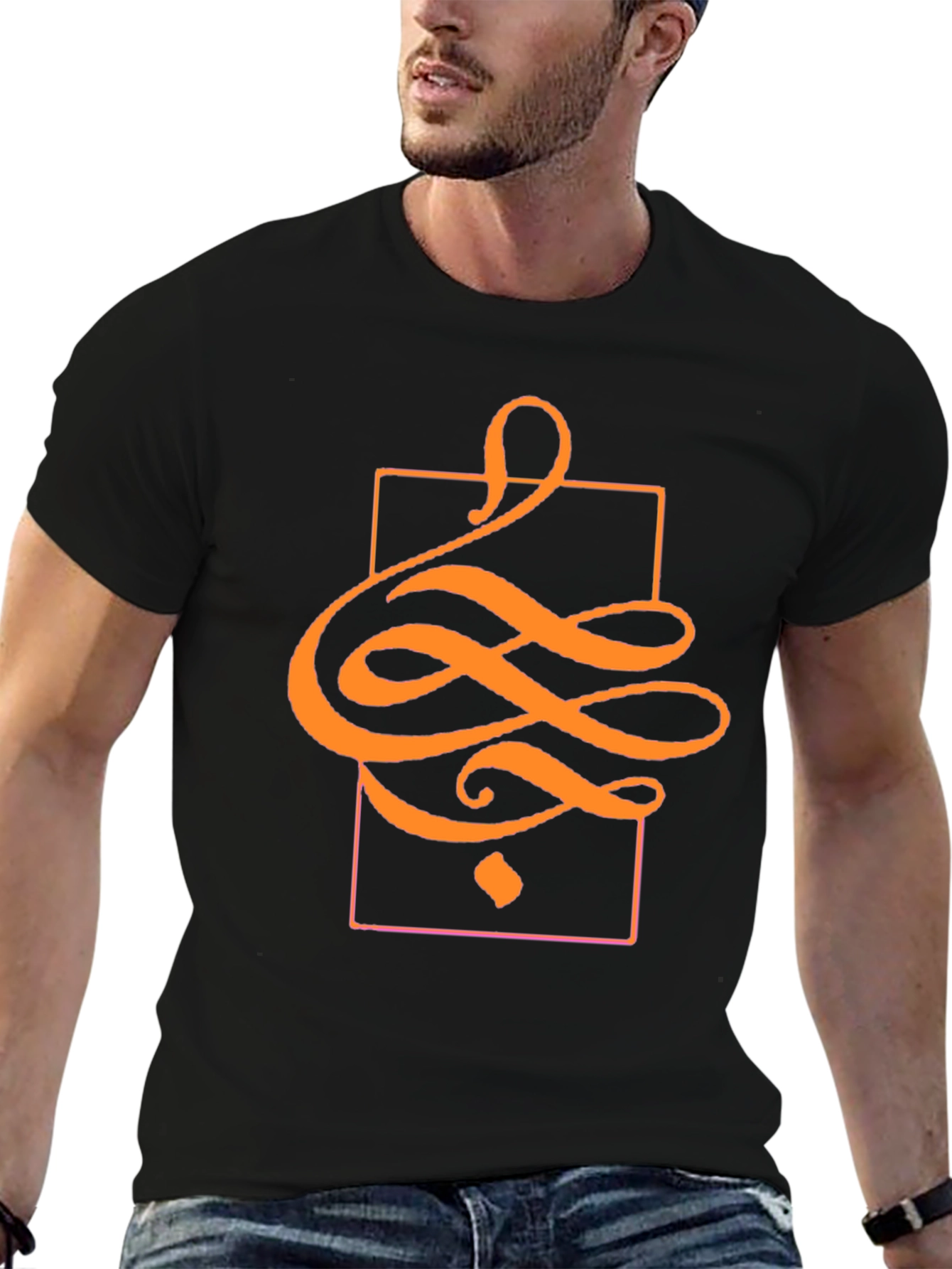 Stylish Black T-Shirt with Abstract Orange Design