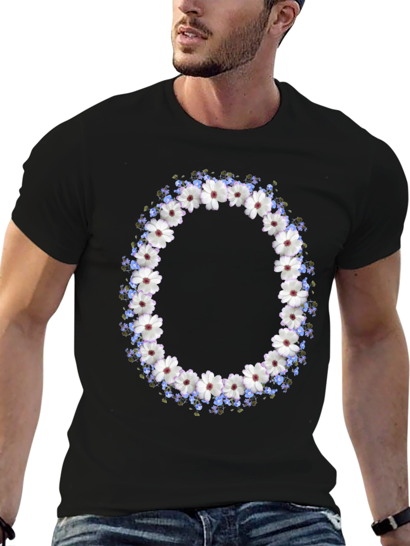Floral Wreath Graphic Black T-Shirt