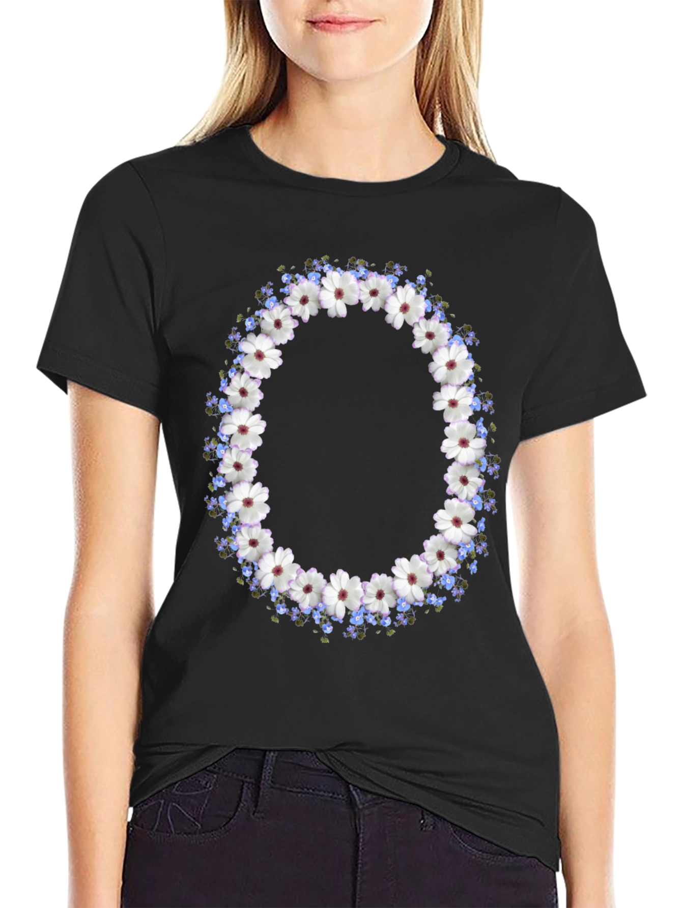 Floral Wreath Graphic Black T-Shirt