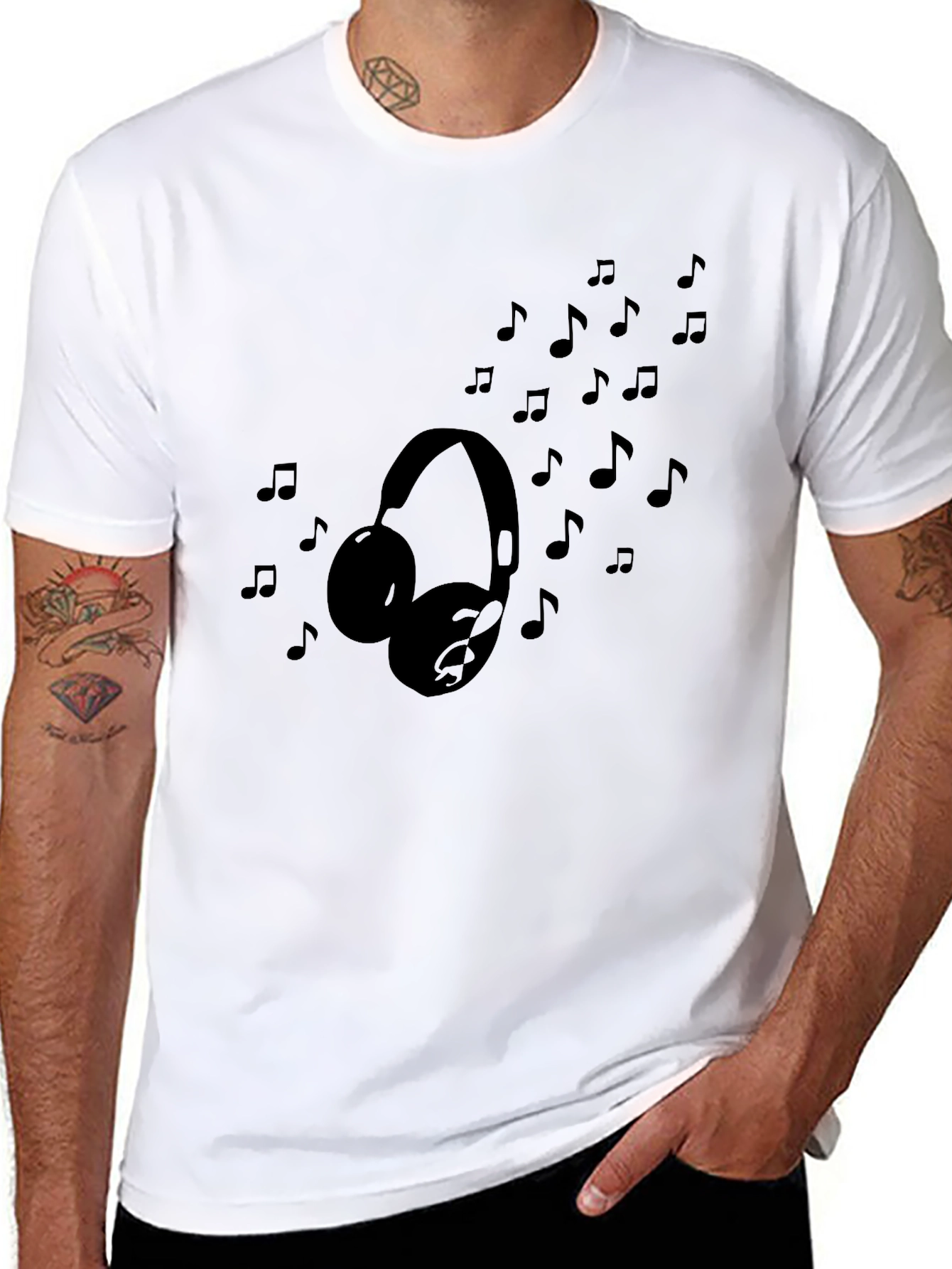 Headphones & Music Notes Black Graphic T-Shirt