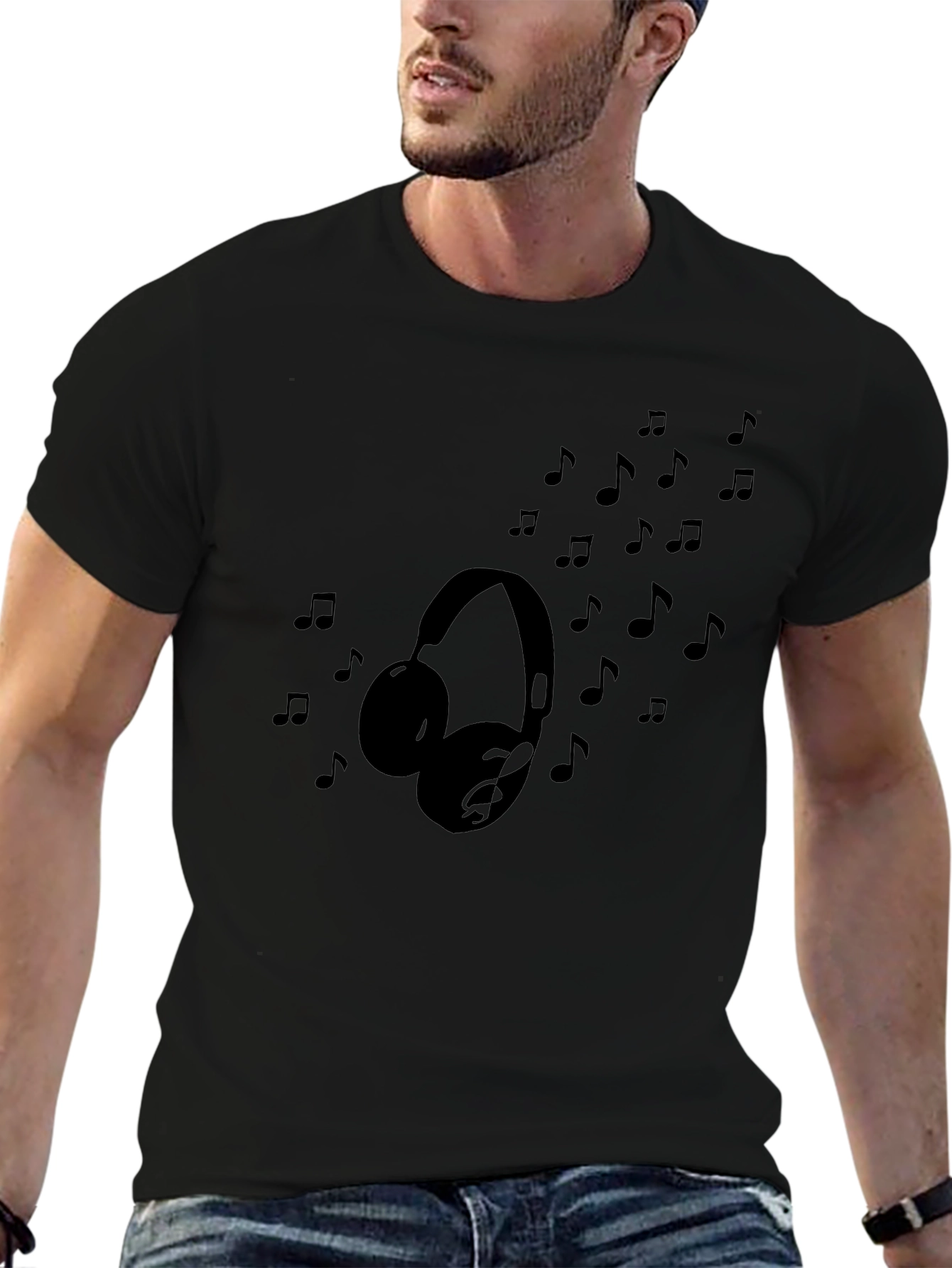 Headphones & Music Notes Black Graphic T-Shirt