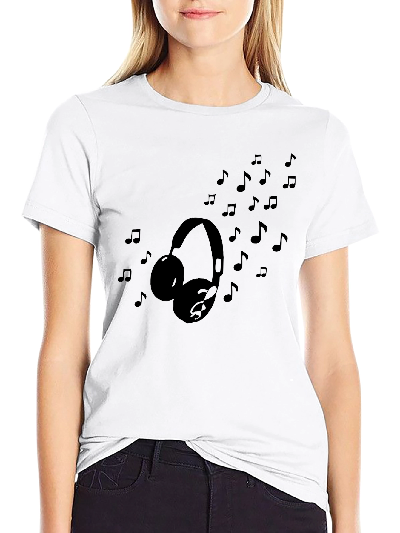 Headphones & Music Notes Black Graphic T-Shirt