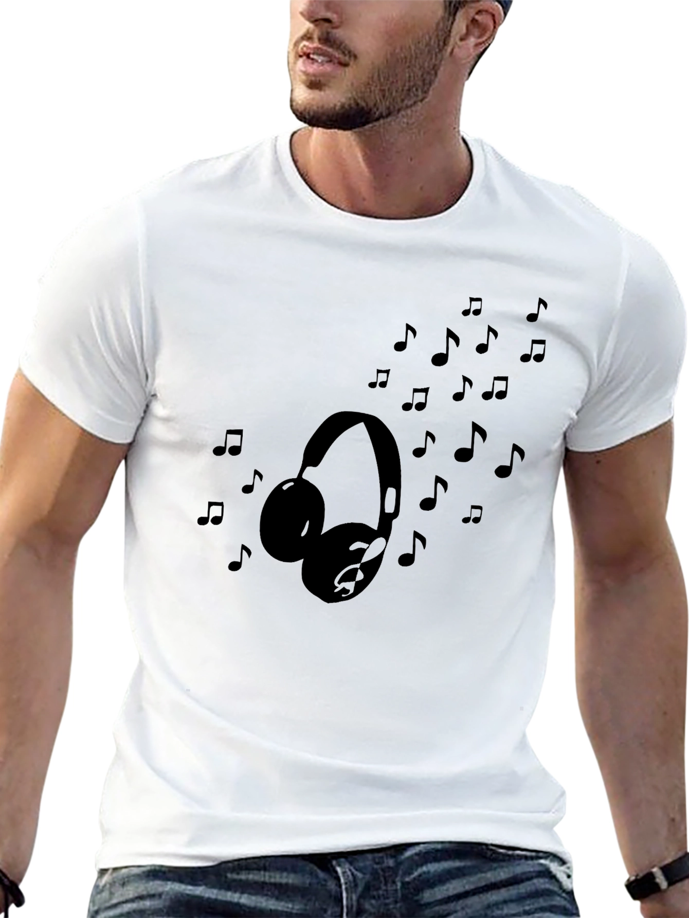 Headphones & Music Notes Black Graphic T-Shirt