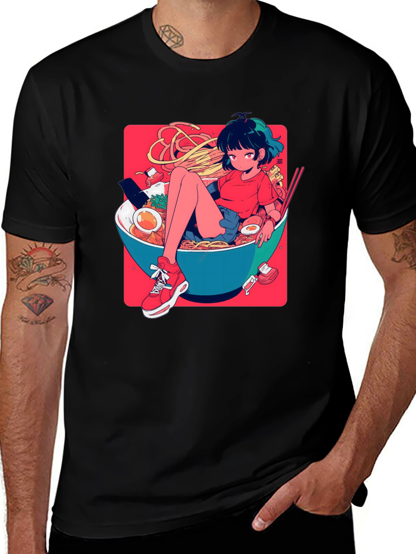 Anime Girl Ramen Bowl Graphic T-Shirt