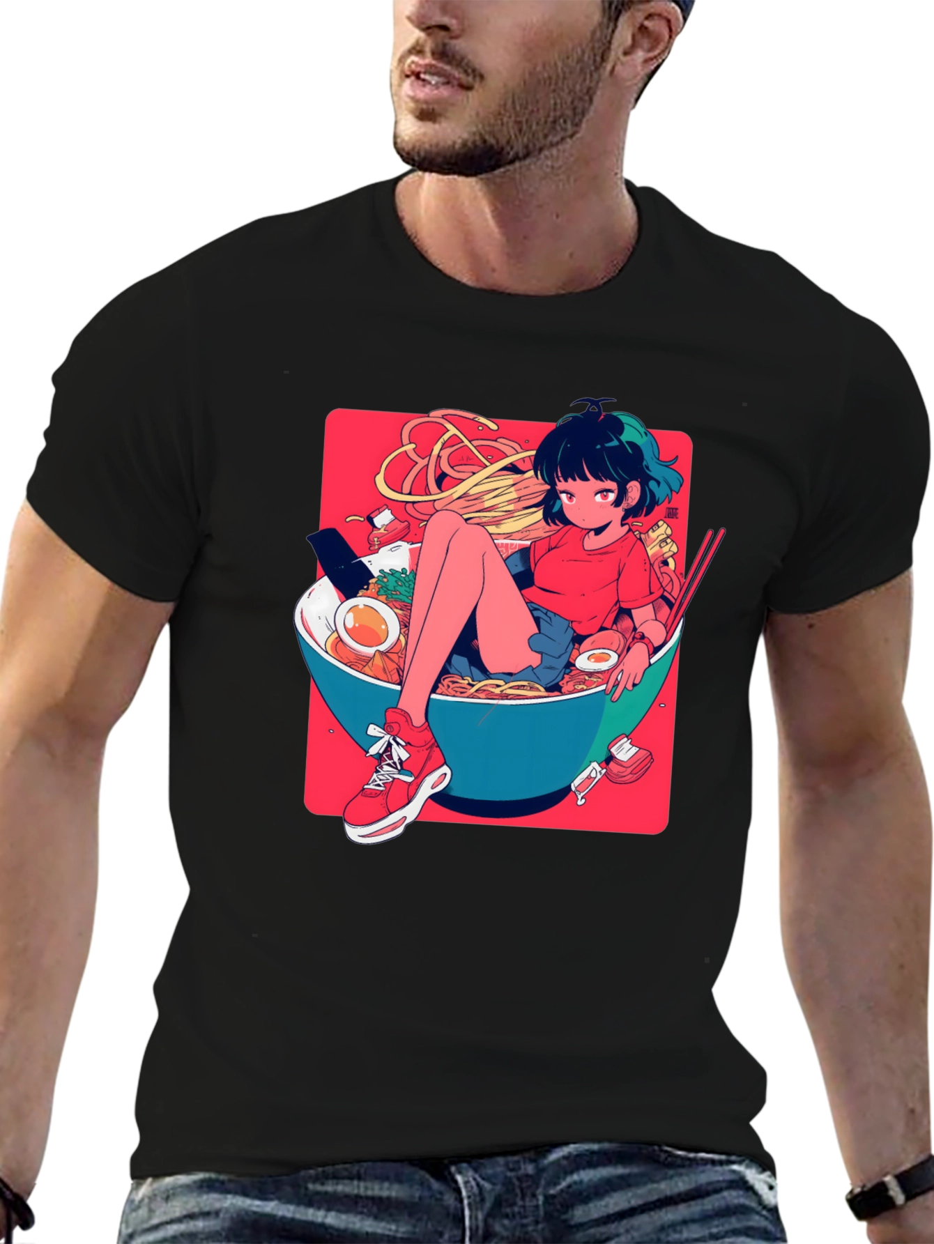 Anime Girl Ramen Bowl Graphic T-Shirt