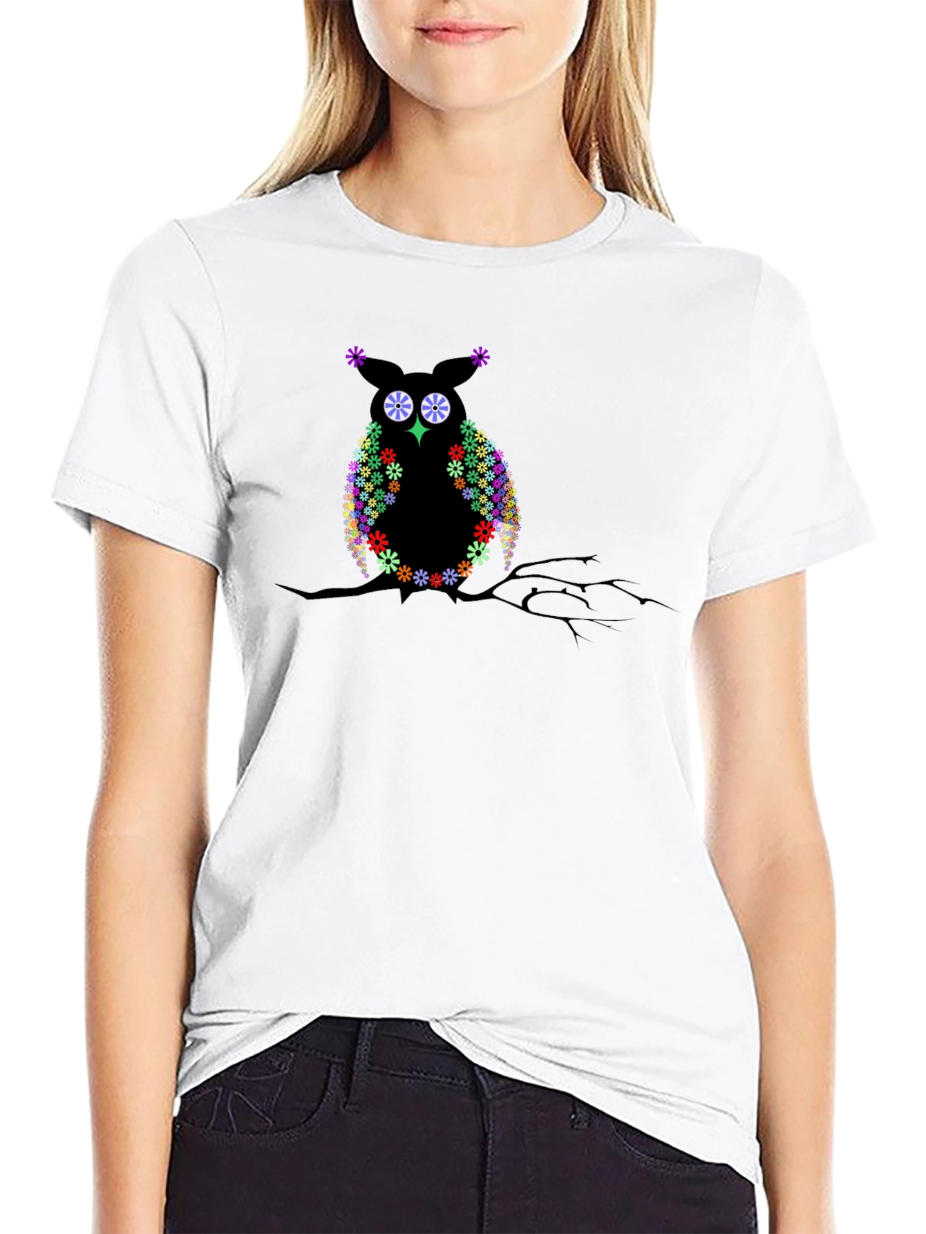 Floral Owl on Branch Black T-Shirt