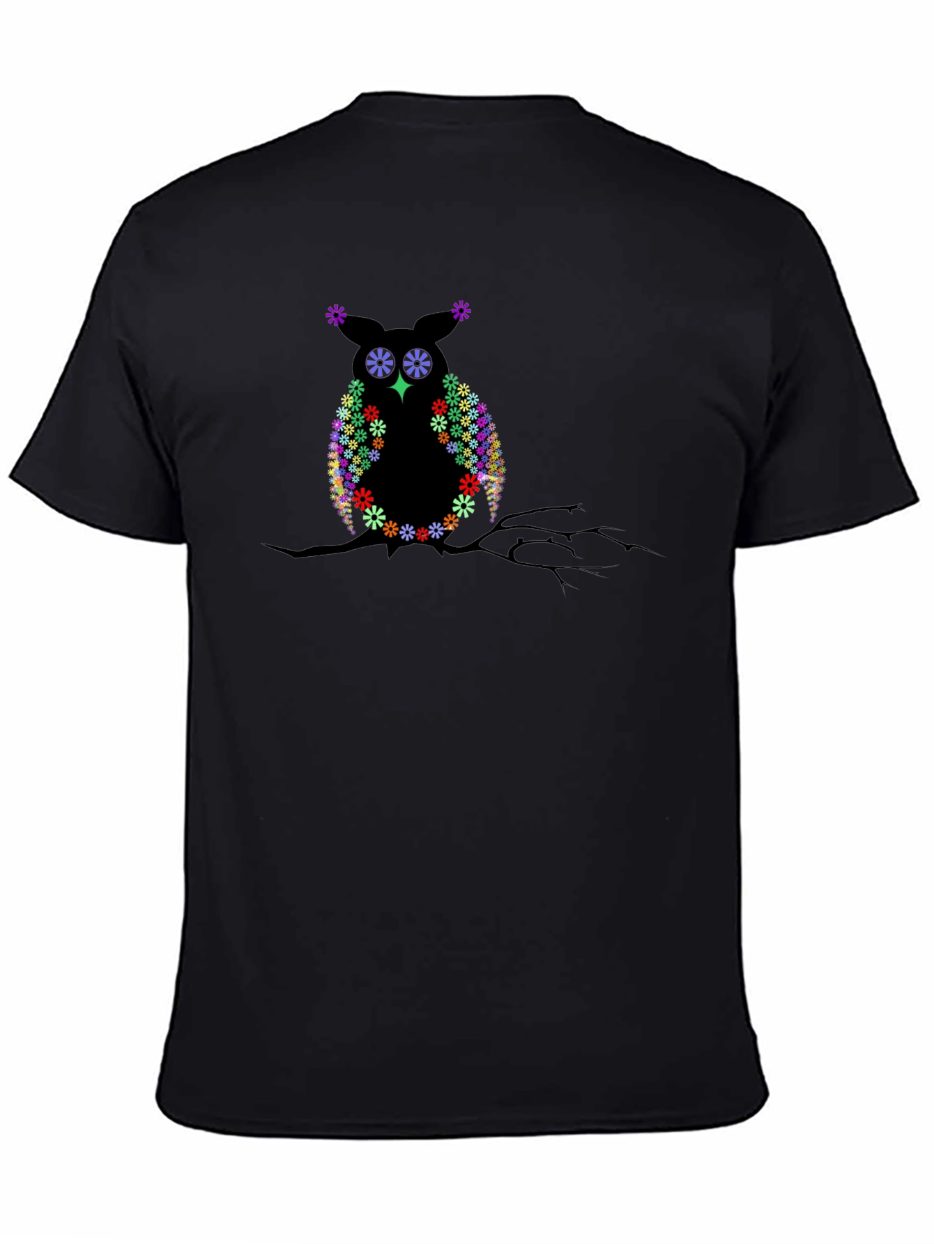 Floral Owl on Branch Black T-Shirt