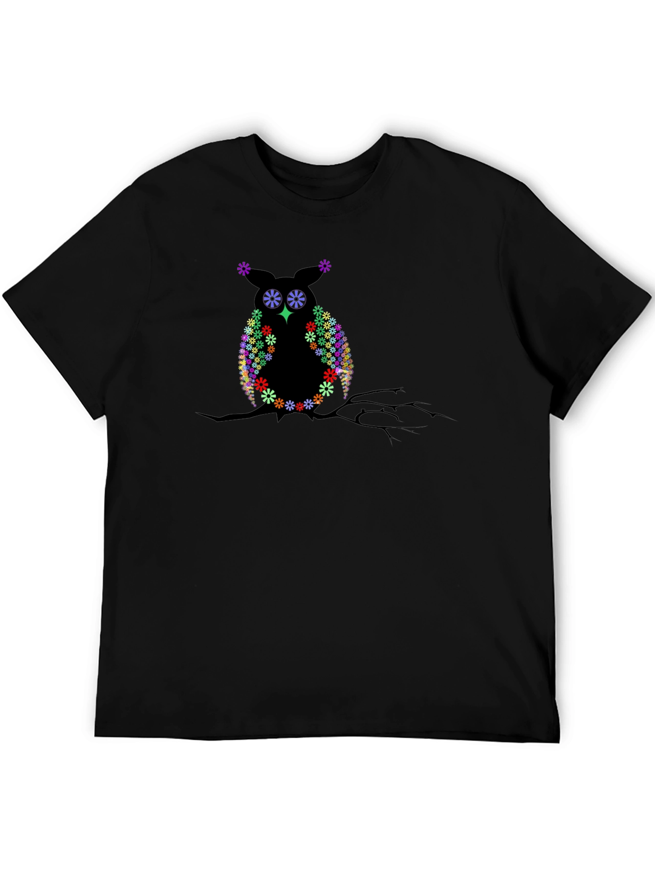 Floral Owl on Branch Black T-Shirt