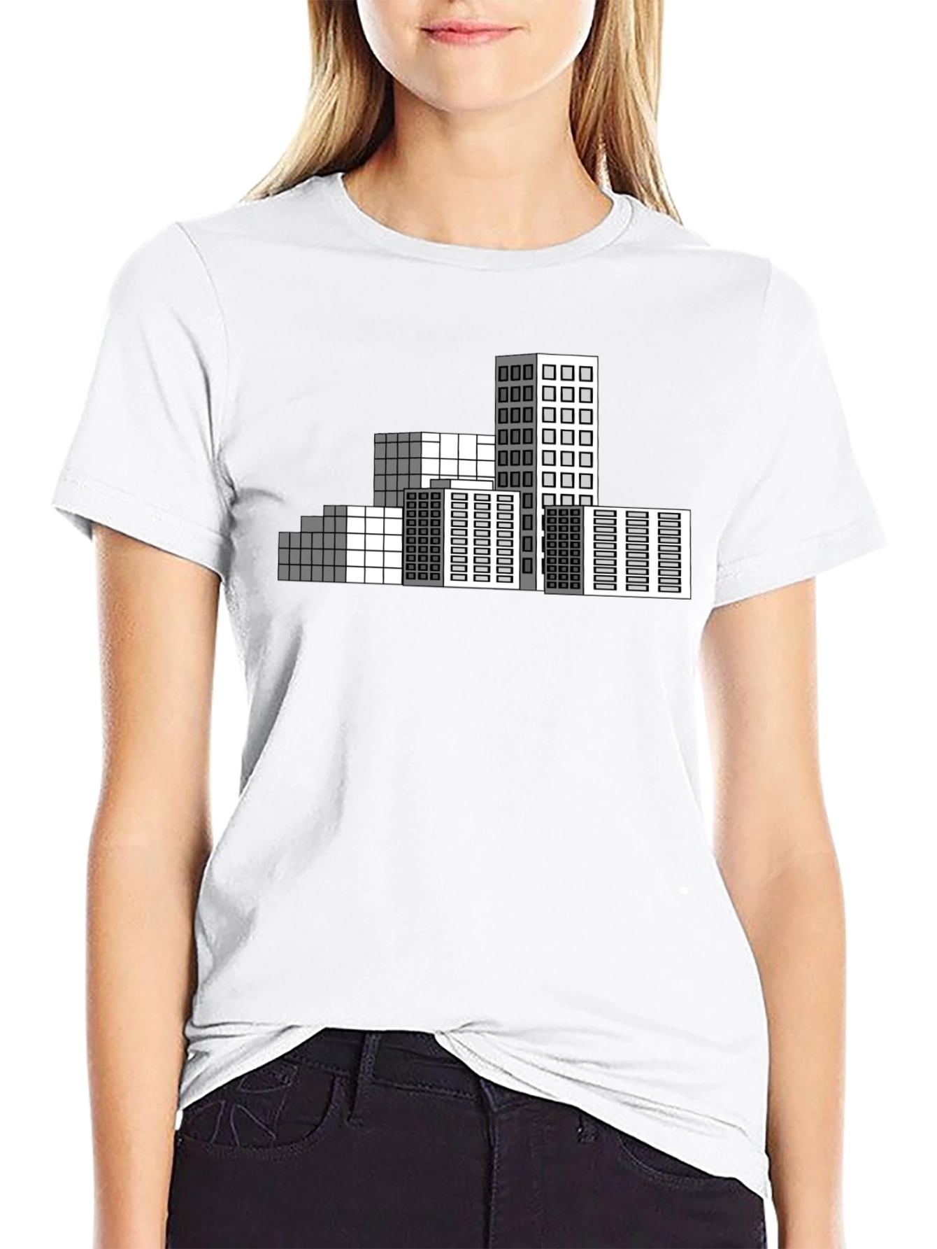 Geometric Cityscape T-Shirt - Modern Pixel Art Tee
