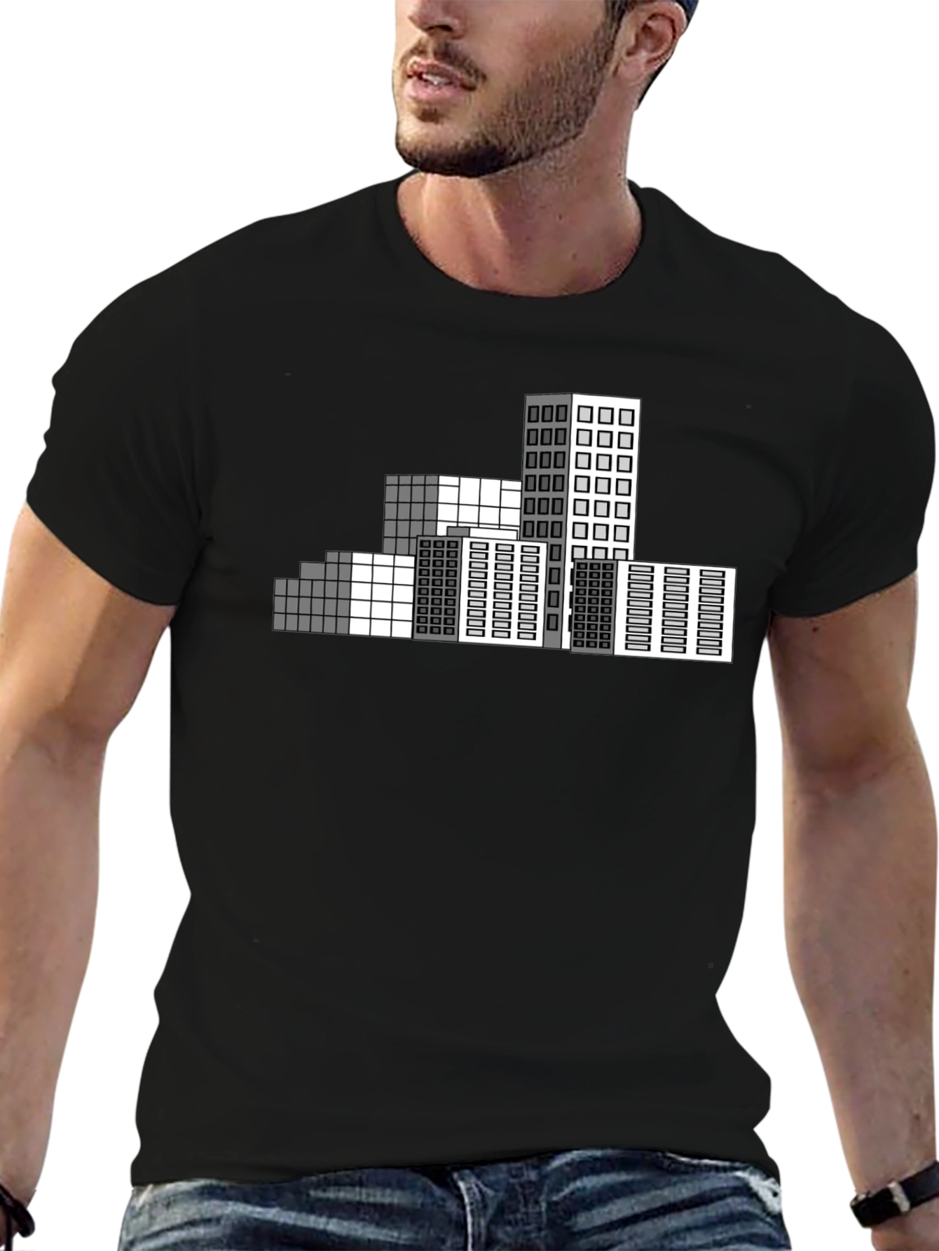 Geometric Cityscape T-Shirt - Modern Pixel Art Tee