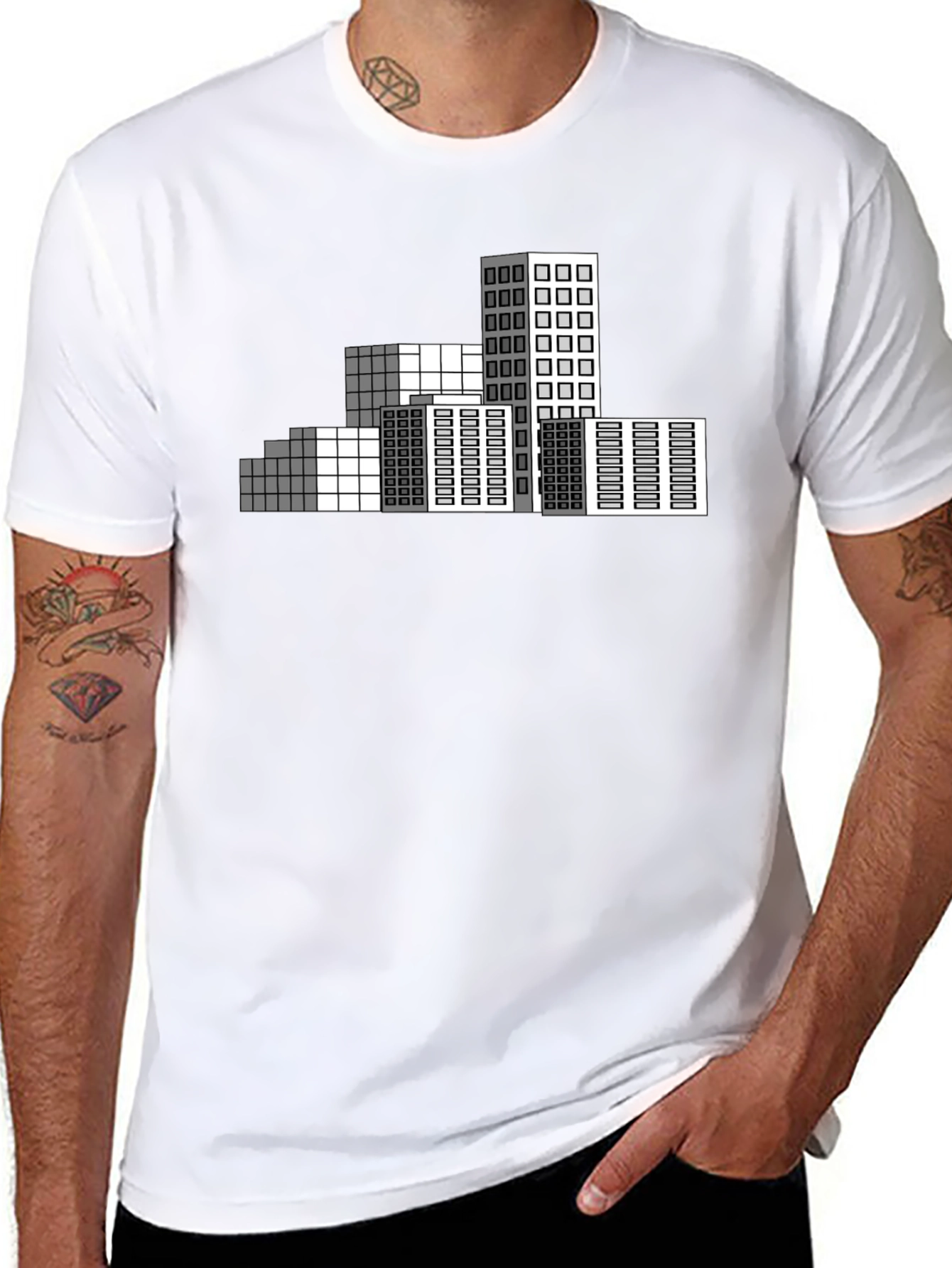 Geometric Cityscape T-Shirt - Modern Pixel Art Tee