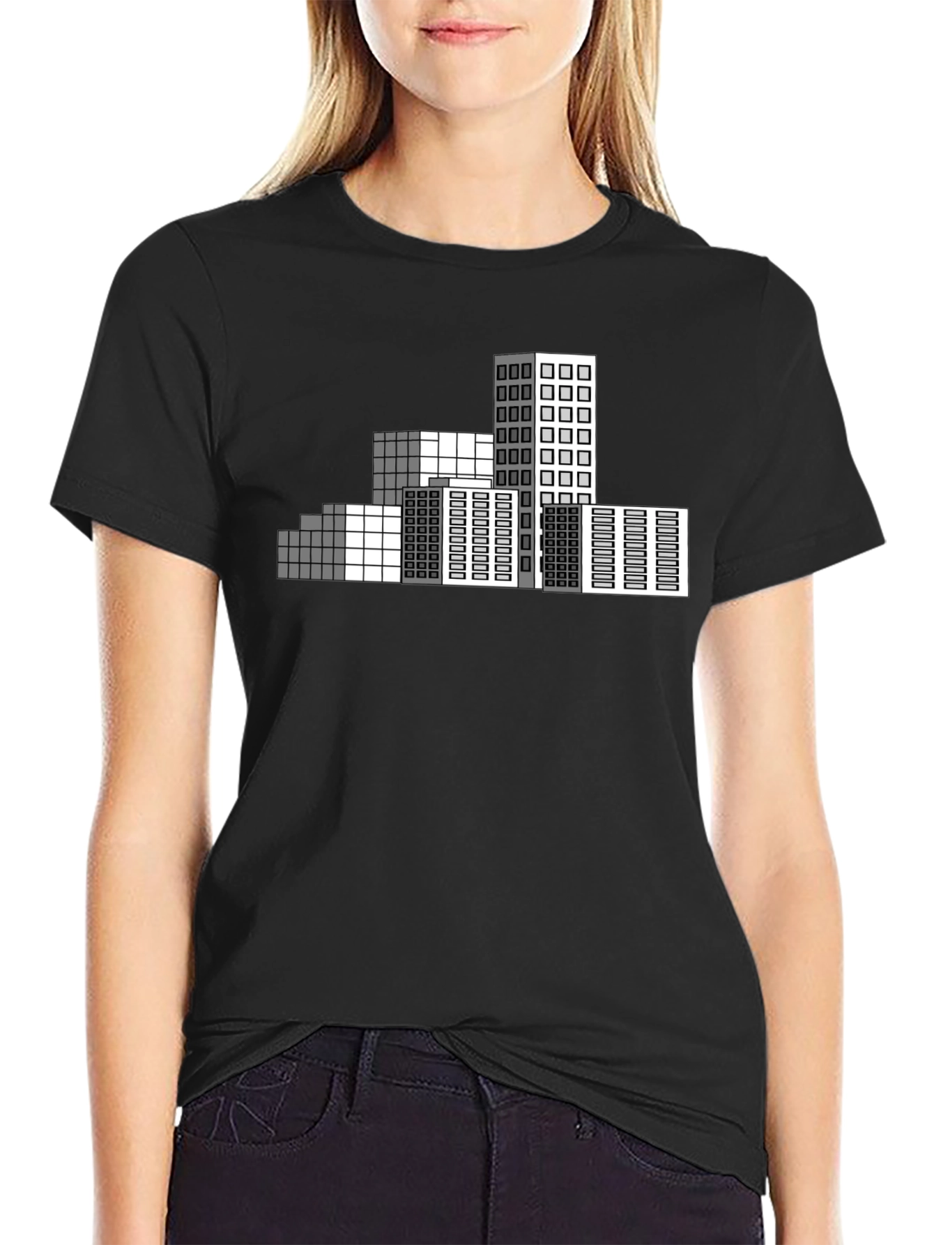 Geometric Cityscape T-Shirt - Modern Pixel Art Tee