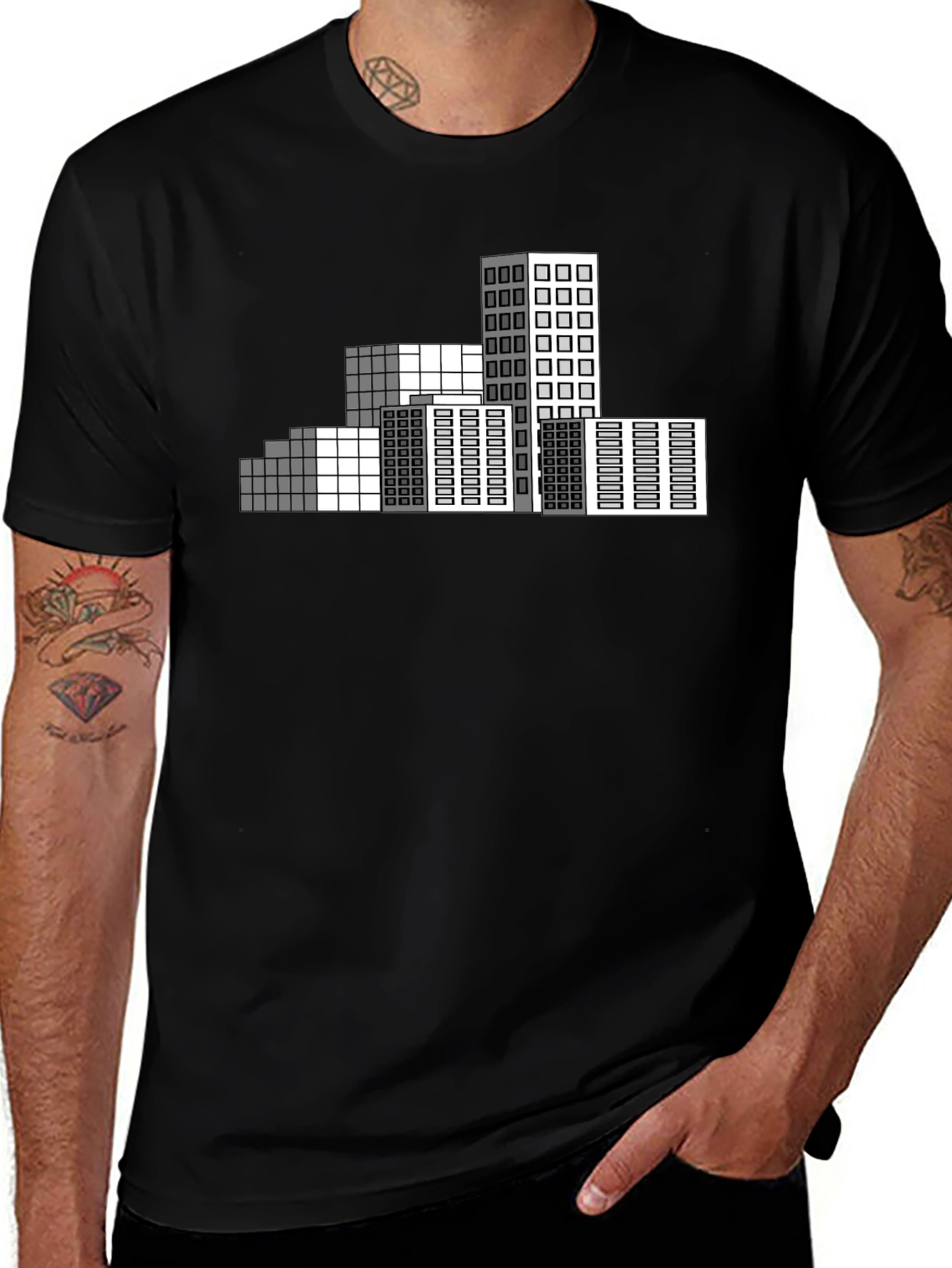 Geometric Cityscape T-Shirt - Modern Pixel Art Tee