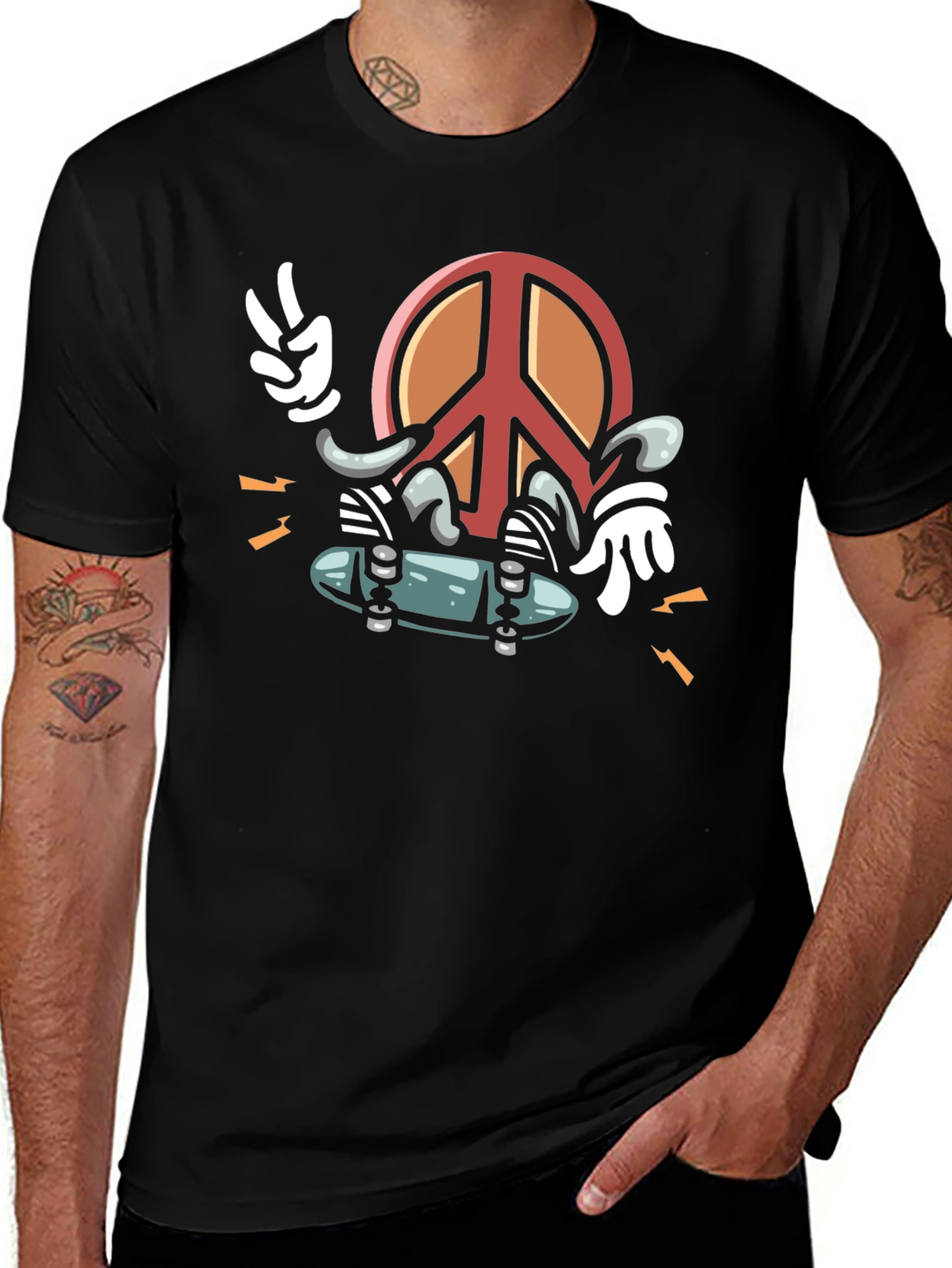 Cool Peace Sign Skateboarder Graphic Black T-Shirt