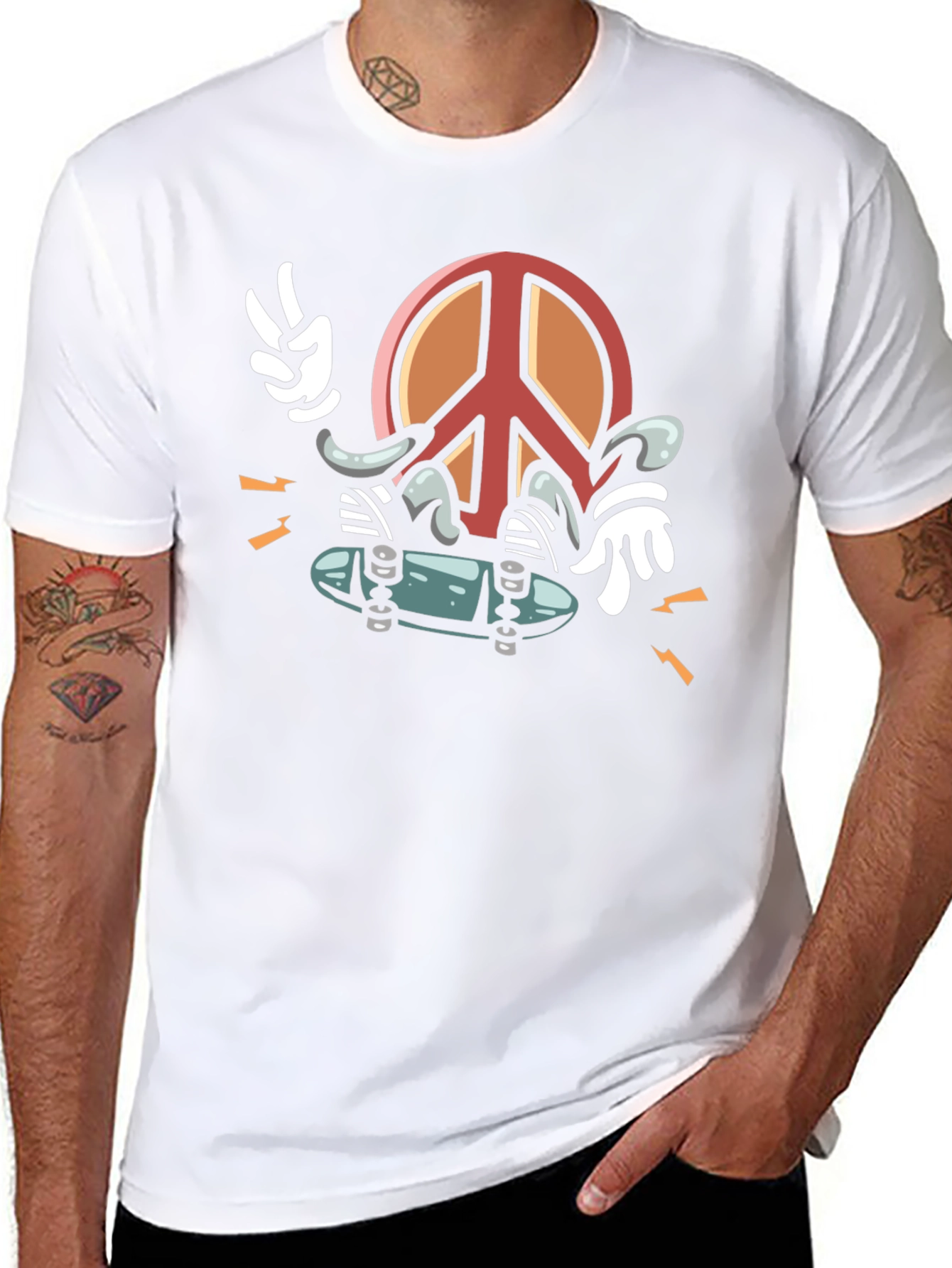 Cool Peace Sign Skateboarder Graphic Black T-Shirt