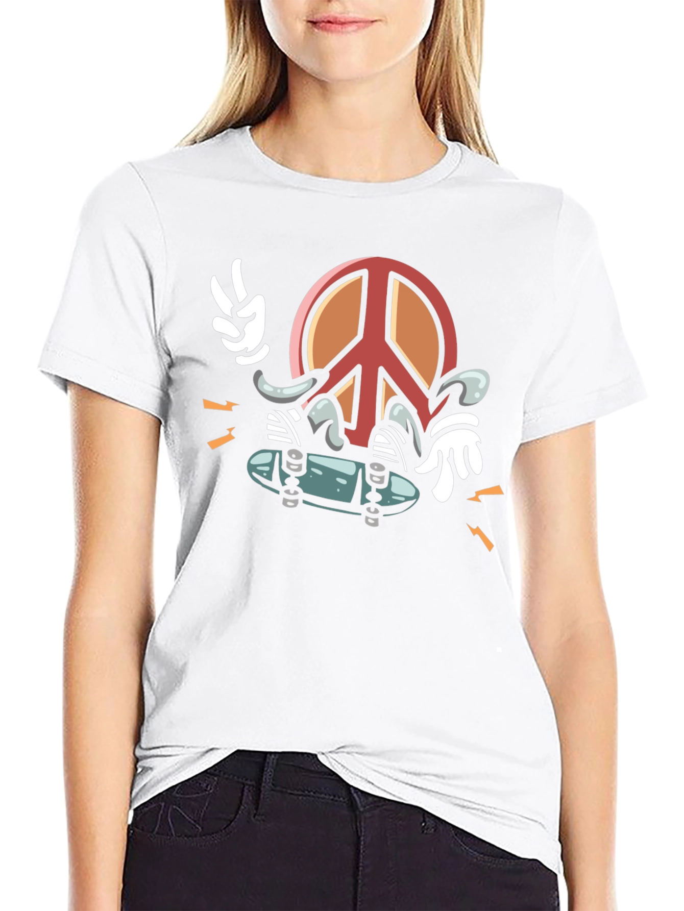 Cool Peace Sign Skateboarder Graphic Black T-Shirt