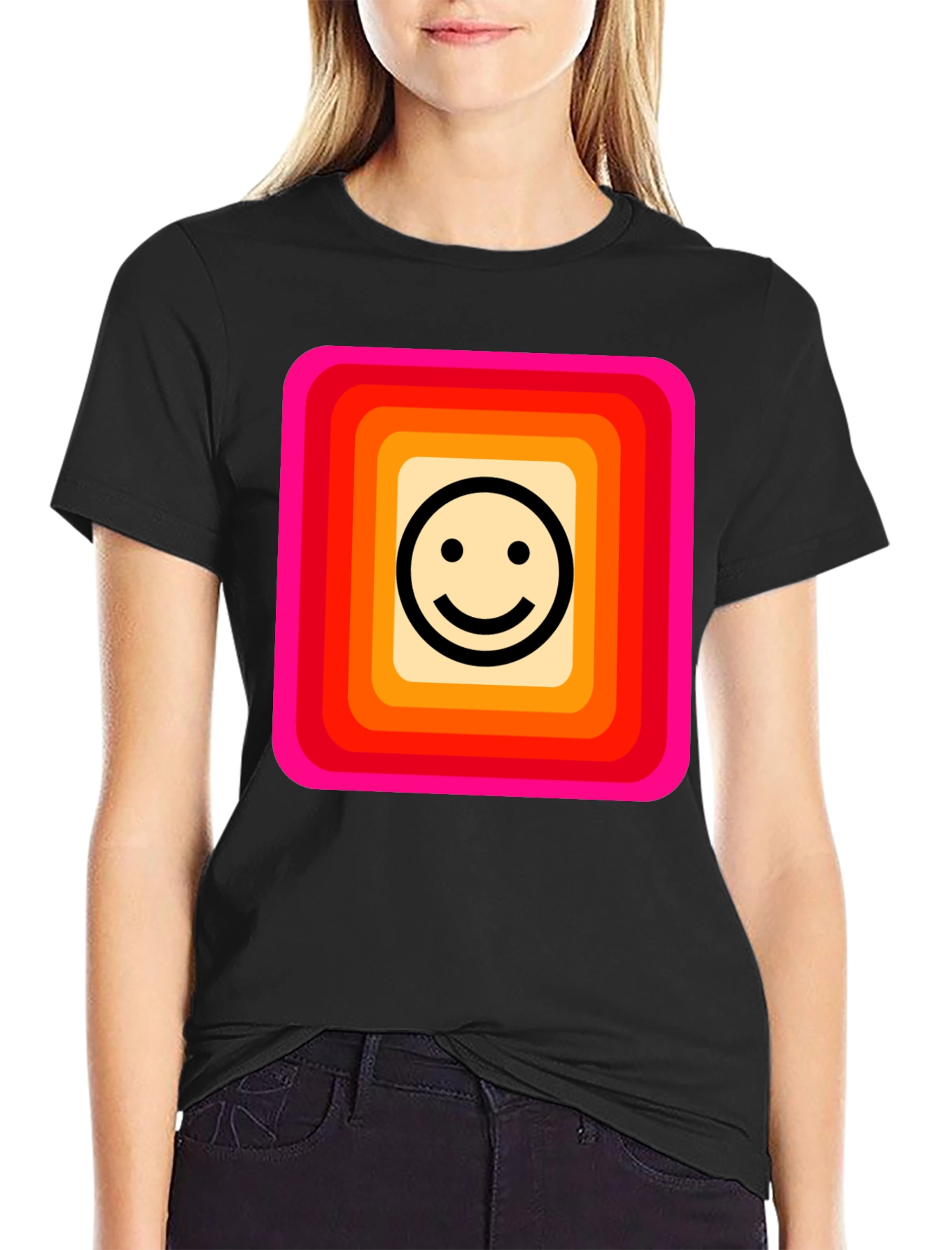 Retro Smiley Face Graphic Tee - Black