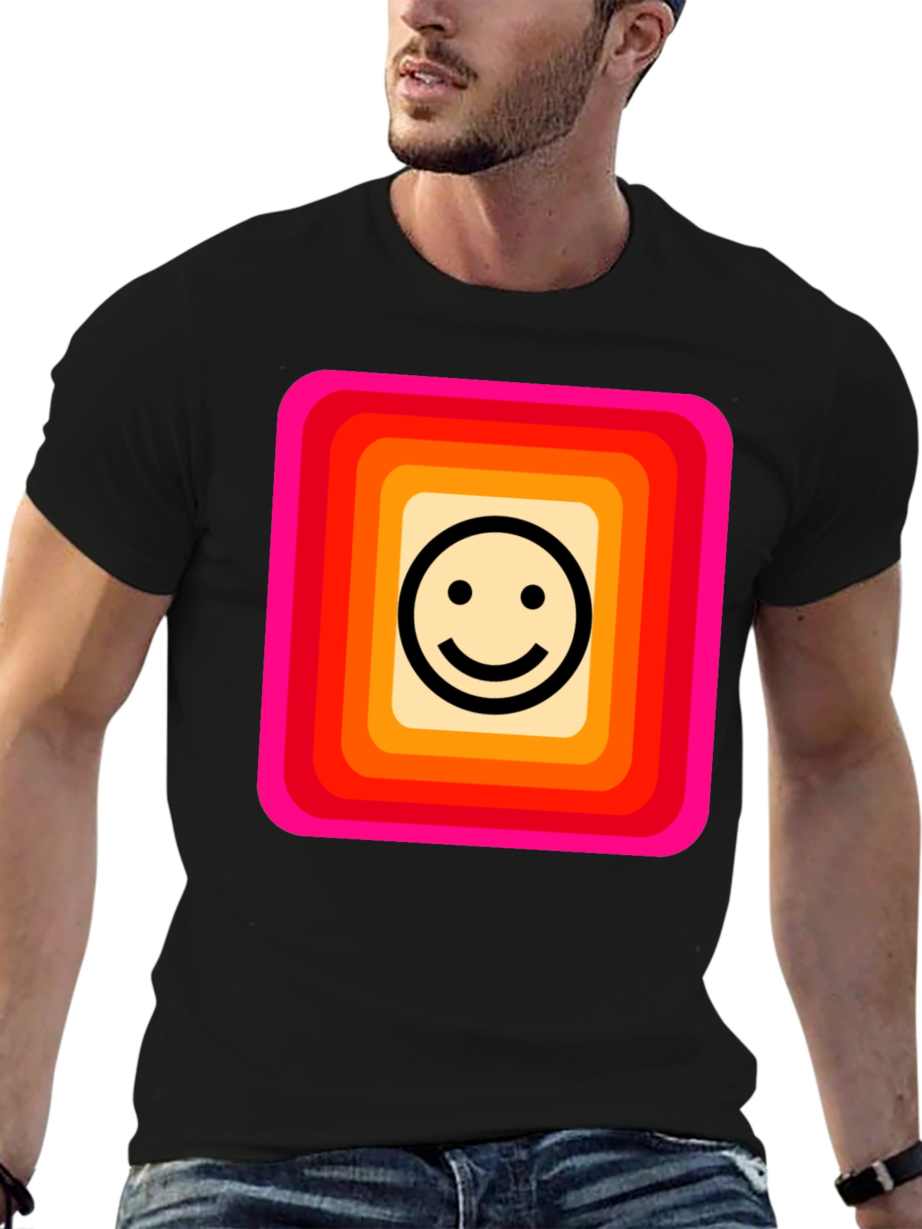 Retro Smiley Face Graphic Tee - Black