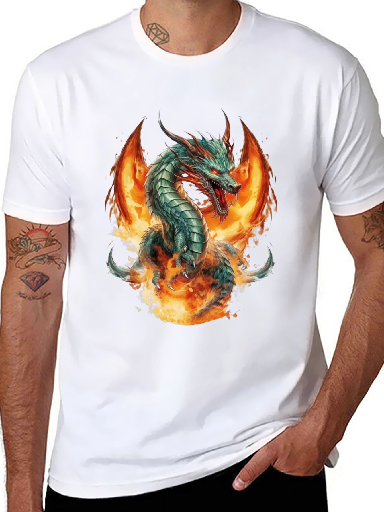 Fiery Dragon Graphic Tee - Bold Black Cotton Shirt