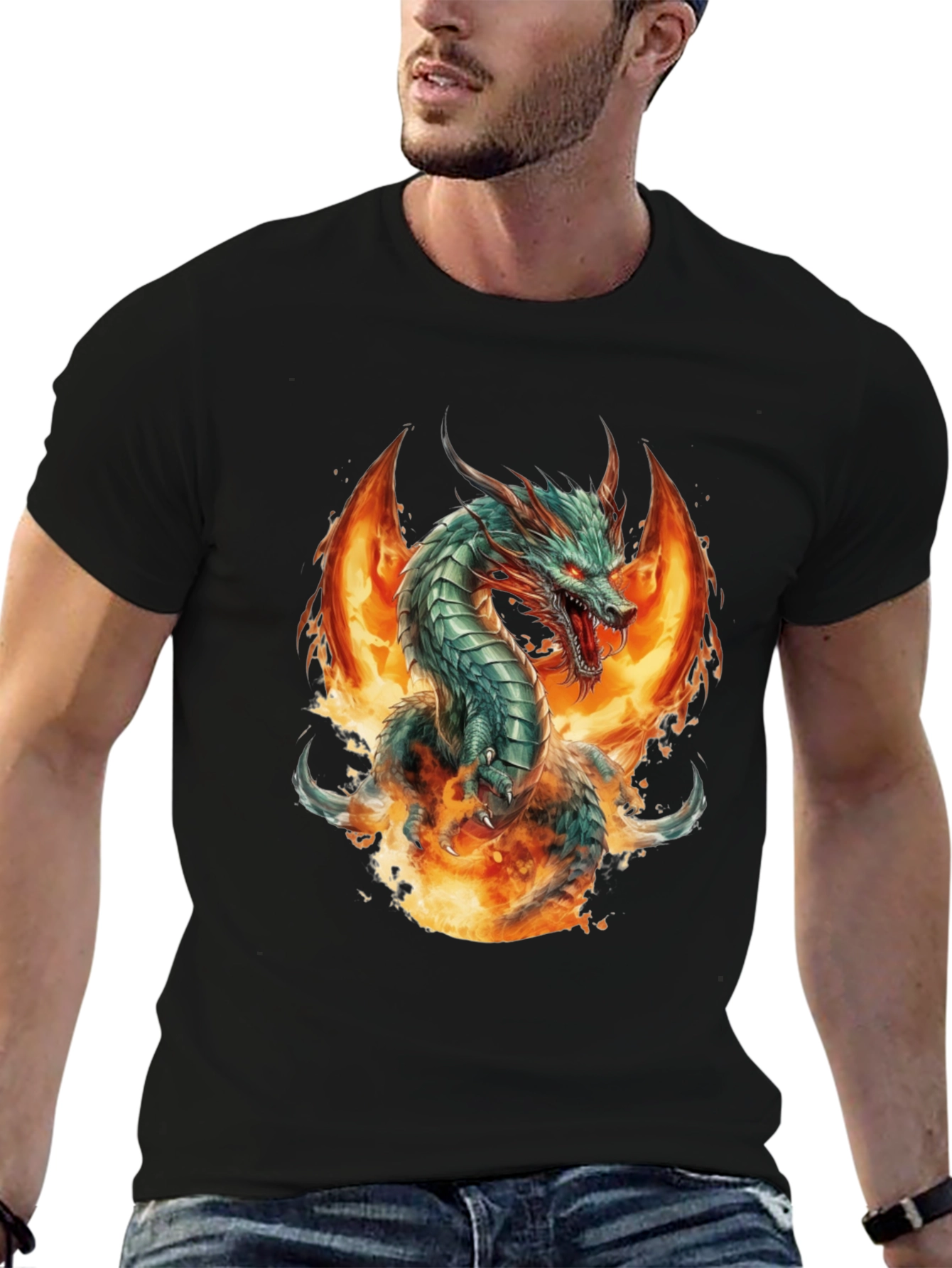 Fiery Dragon Graphic Tee - Bold Black Cotton Shirt