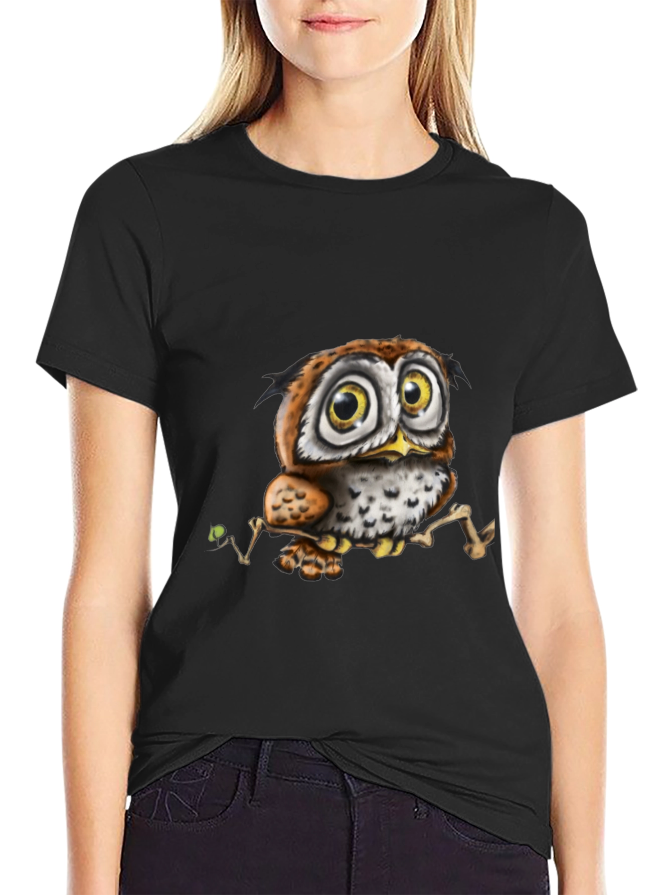 Cute Owl Graphic Tee - Black