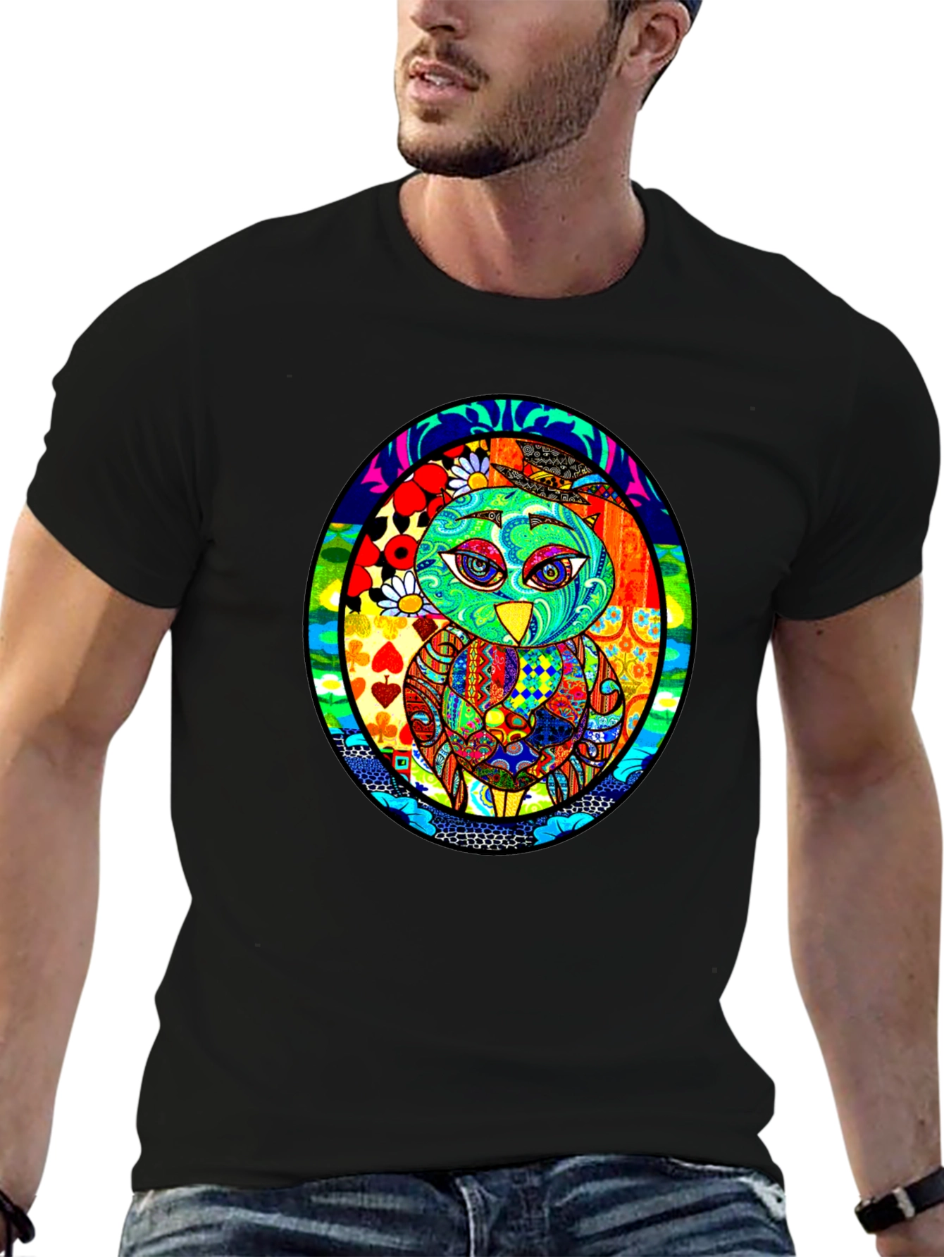Vibrant Owl Graphic Black T-Shirt