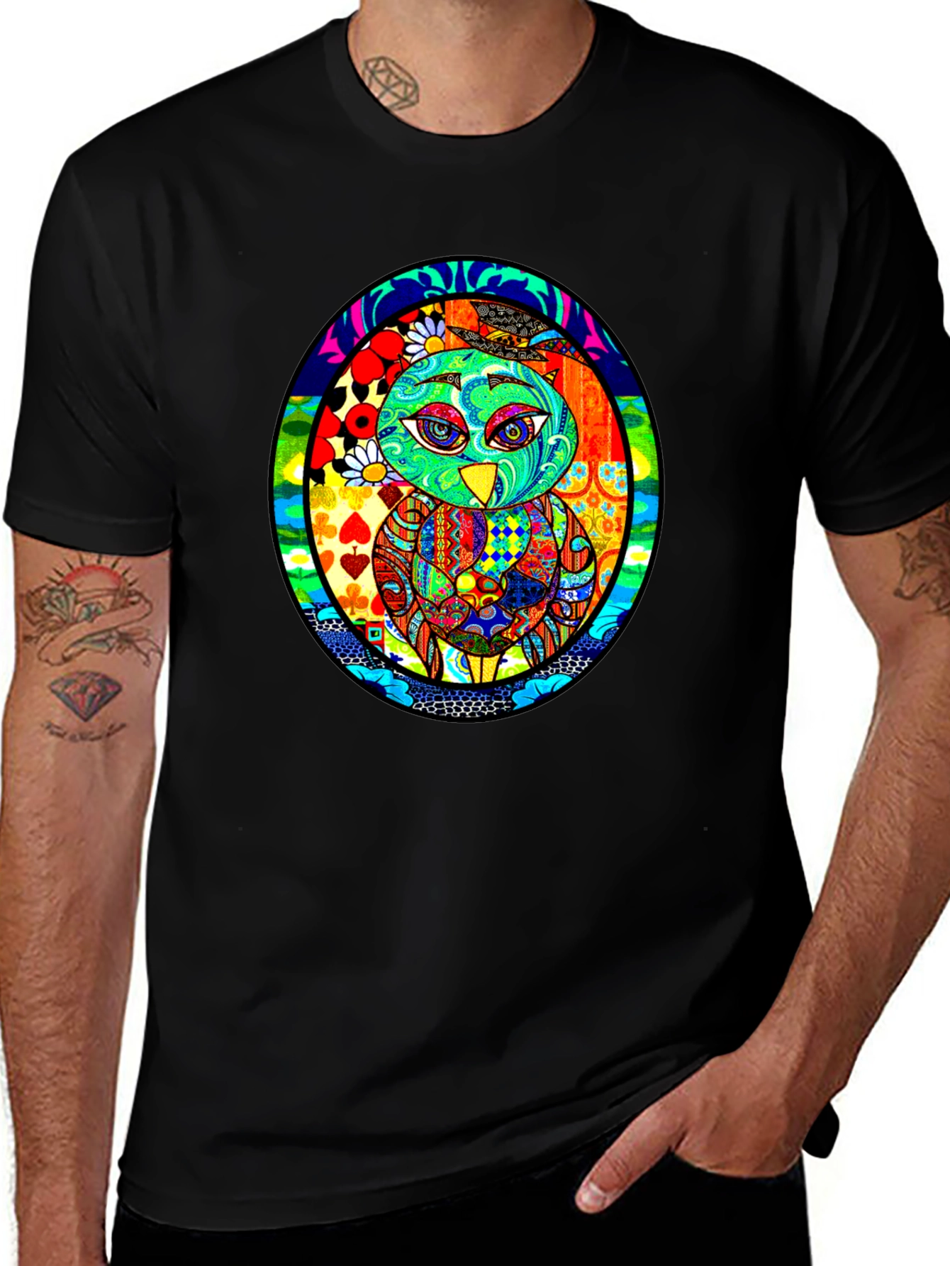 Vibrant Owl Graphic Black T-Shirt