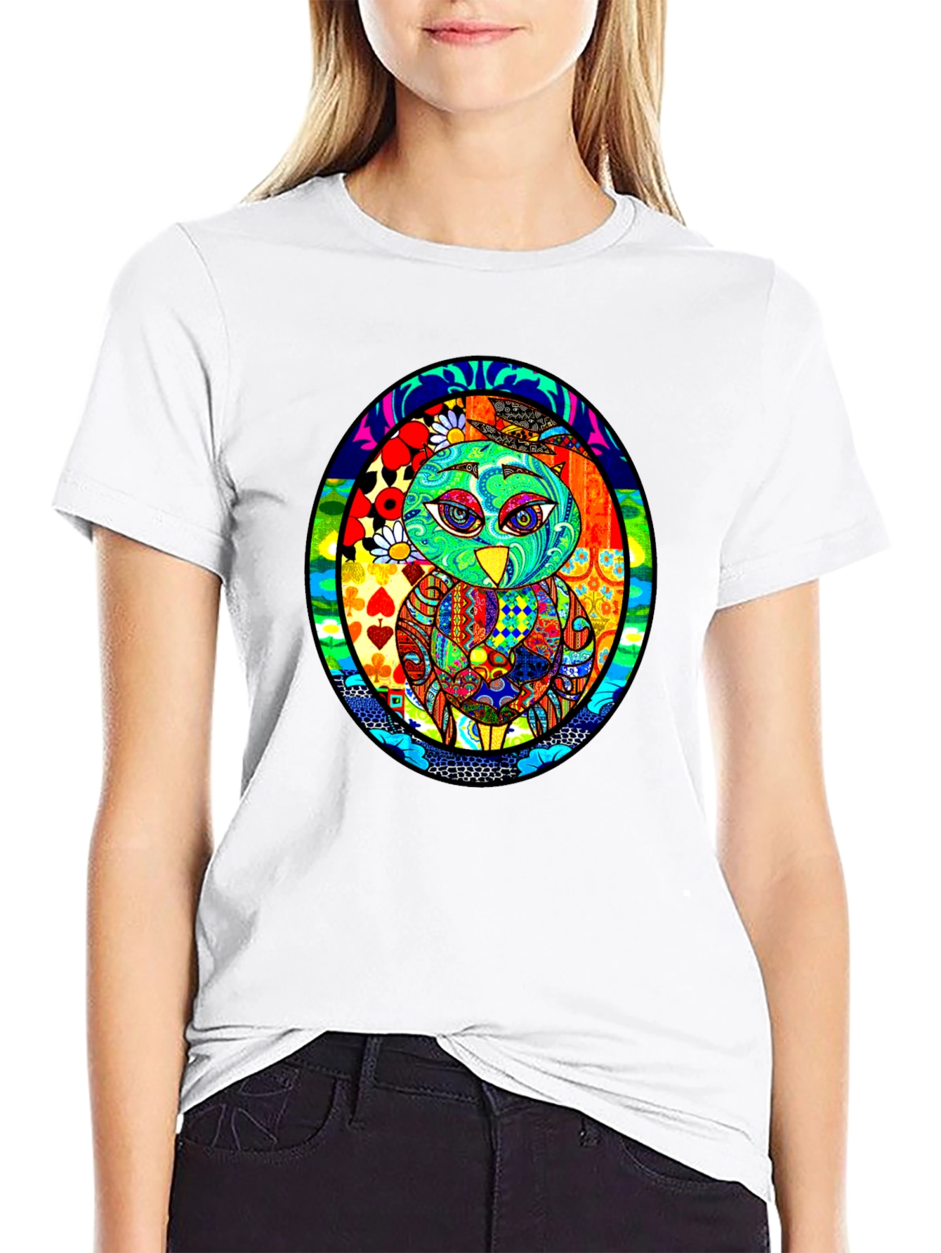 Vibrant Owl Graphic Black T-Shirt