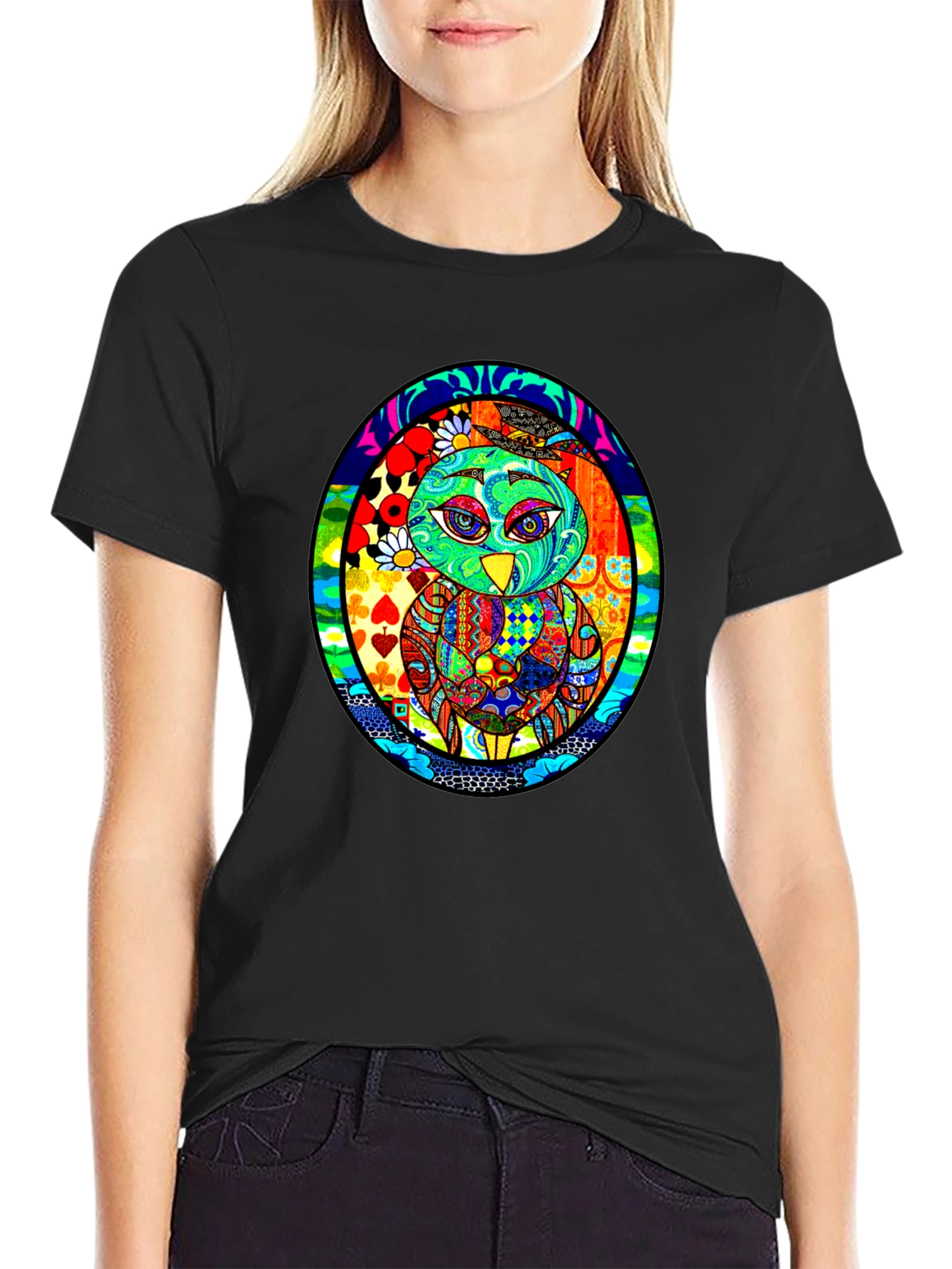 Vibrant Owl Graphic Black T-Shirt