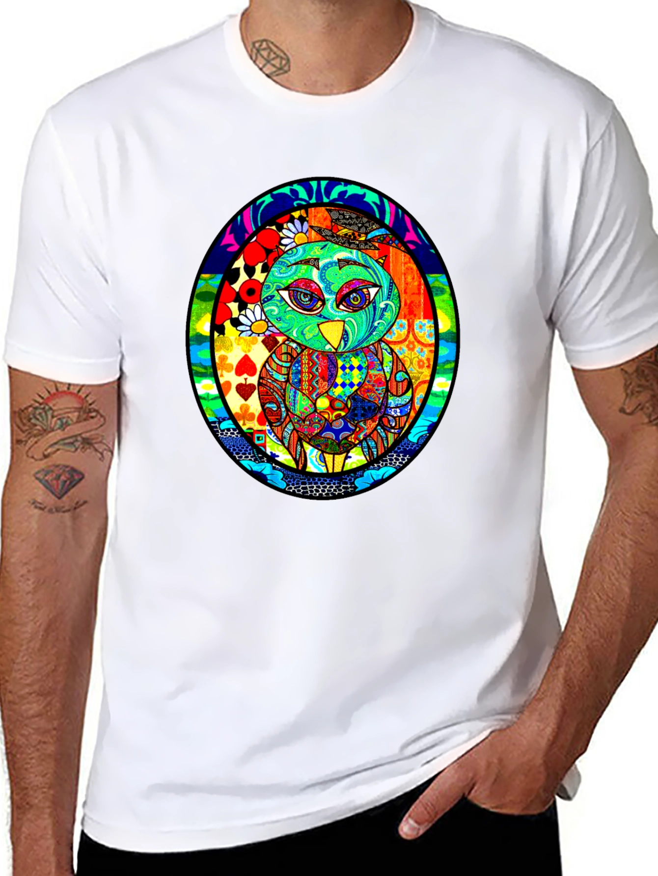 Vibrant Owl Graphic Black T-Shirt