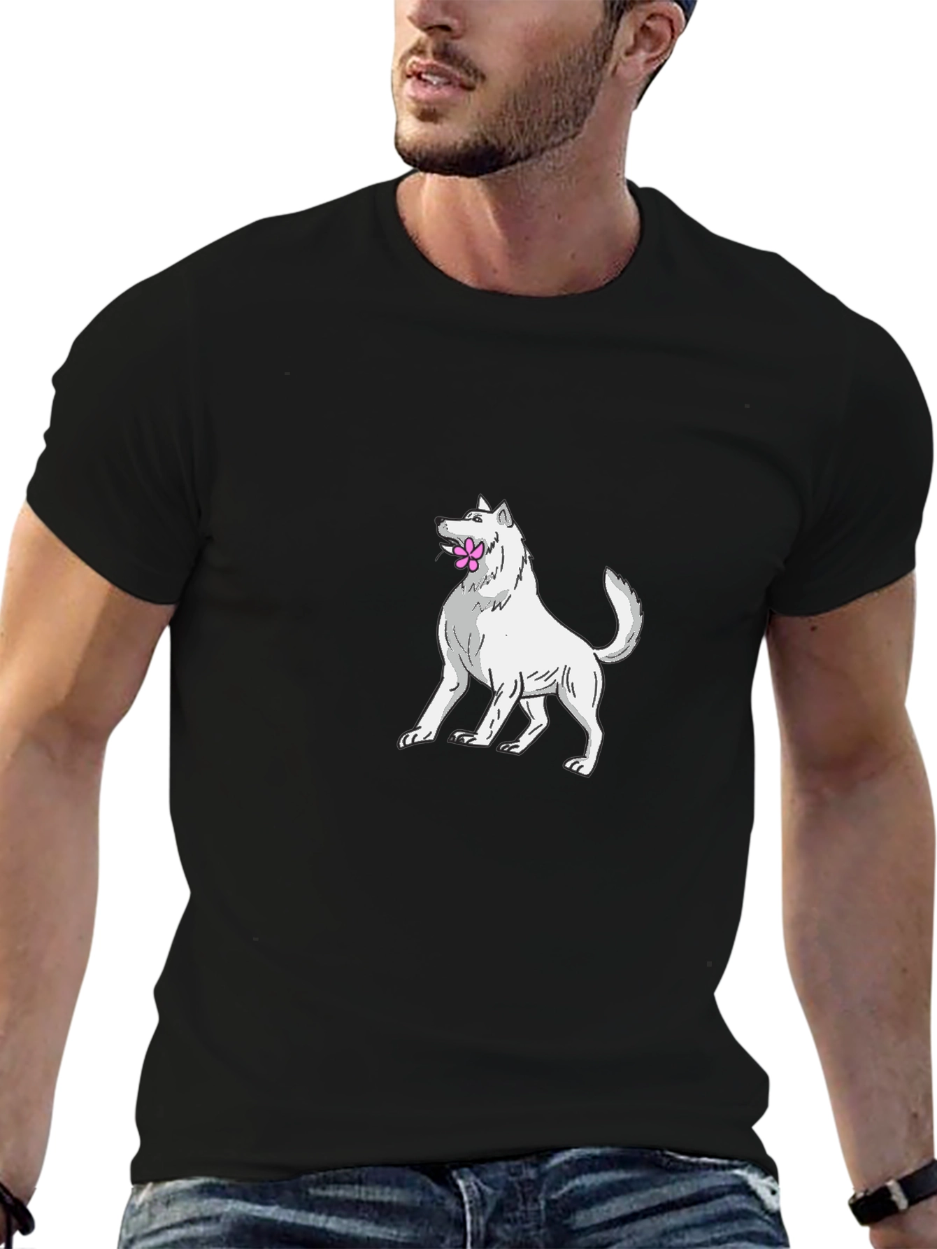 Dog with Flower T-Shirt - Black Cotton Tee