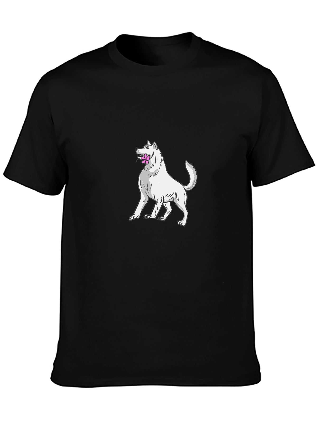 Dog with Flower T-Shirt - Black Cotton Tee