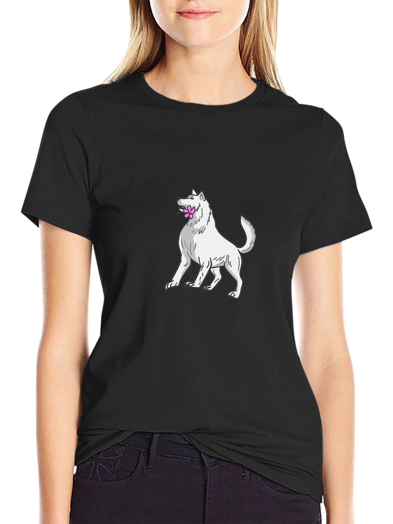 Dog with Flower T-Shirt - Black Cotton Tee