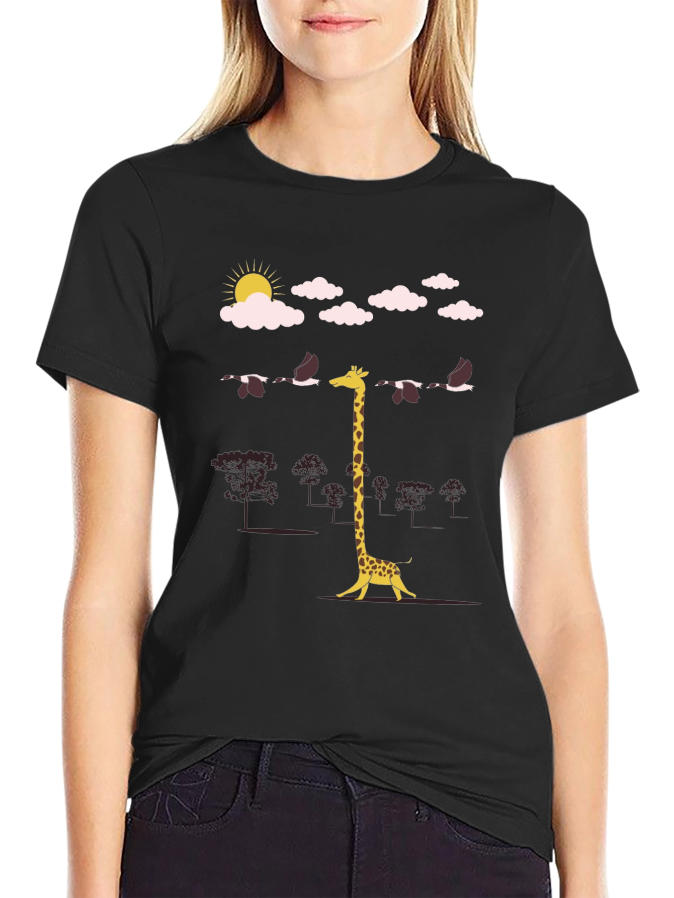 Giraffe Bird Line-Up Graphic Tee - Unique Mens T-Shirt