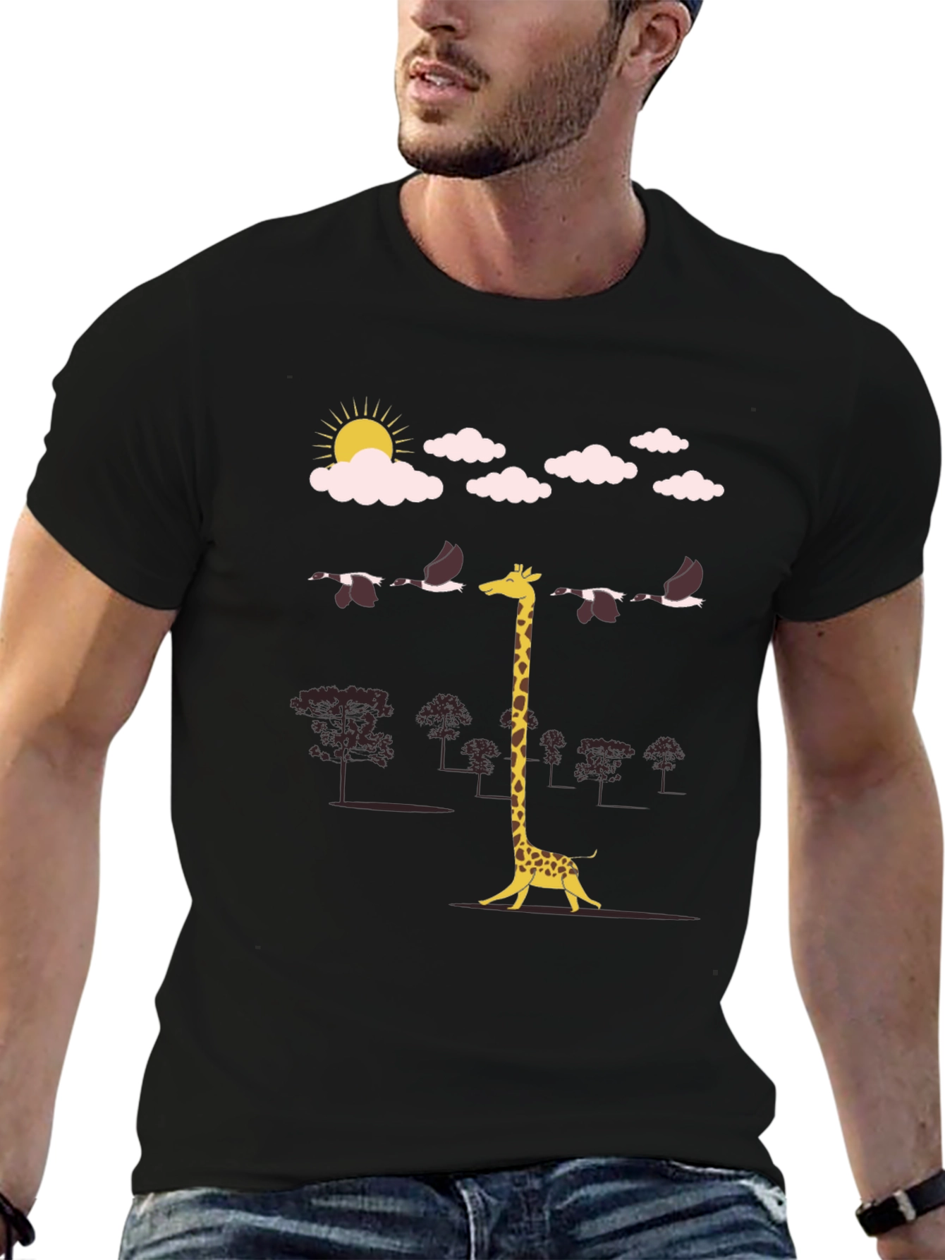 Giraffe Bird Line-Up Graphic Tee - Unique Mens T-Shirt