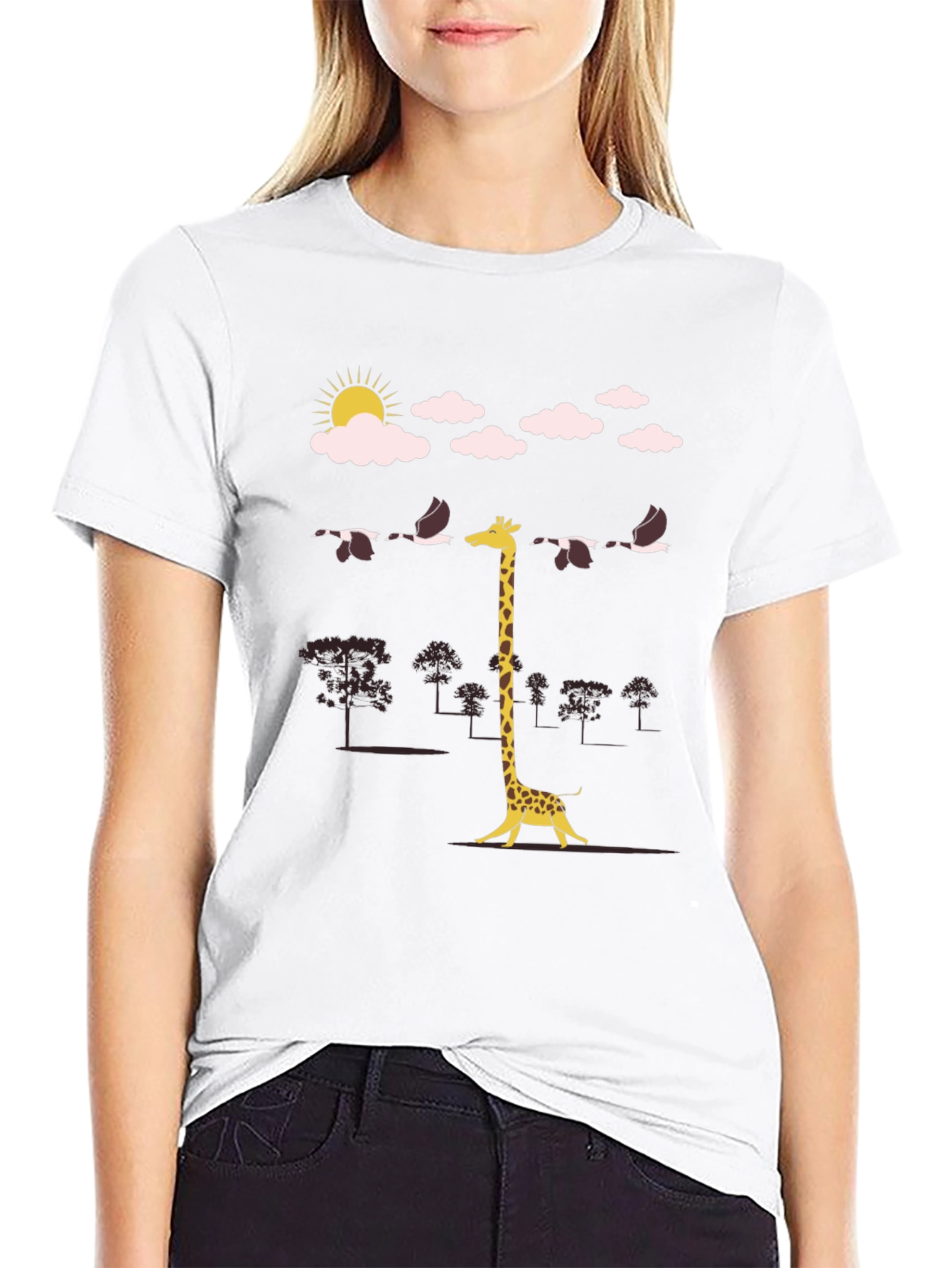 Giraffe Bird Line-Up Graphic Tee - Unique Mens T-Shirt